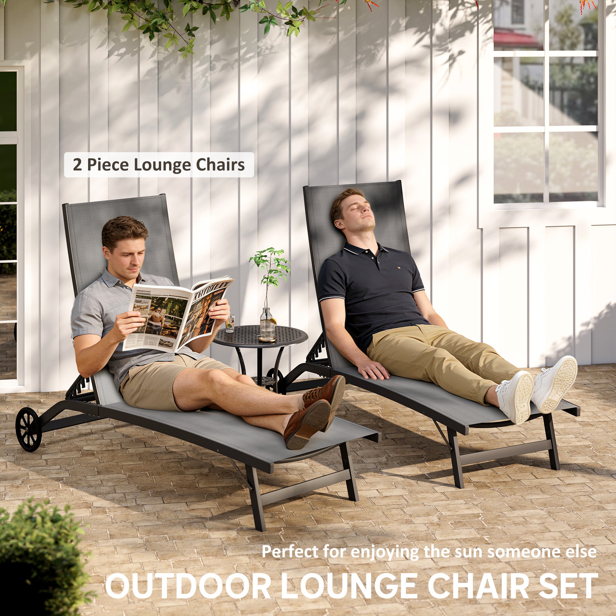 Outdoor Lounge Chair Set of 2, Tanning Chair with Wheels, Breathable Mesh for Patio, Backyard, Poolside, Dark Grey