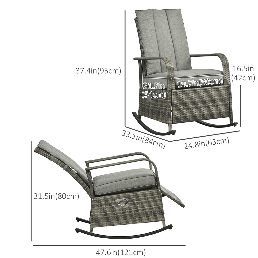 Outdoor Wicker Rocking Chair with Cushion, Patio PE Rattan Recliner Chair with Adjustable Footrest, Armrests, Mixed Grey