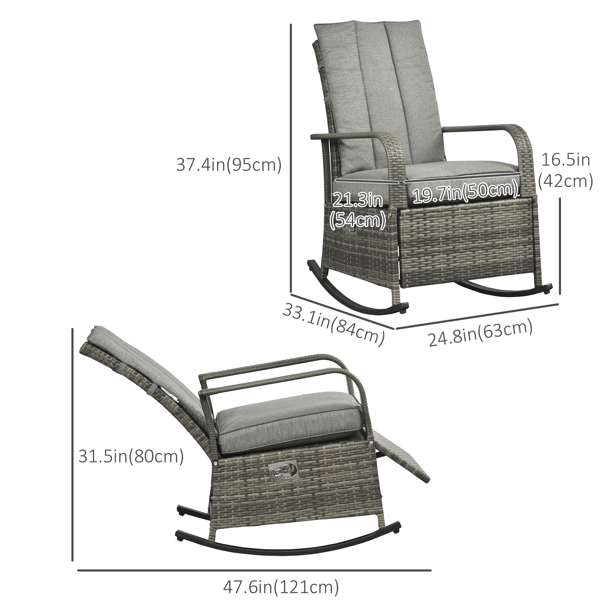 Outdoor Wicker Rocking Chair with Cushion, Patio PE Rattan Recliner Chair with Adjustable Footrest, Armrests, Mixed Grey