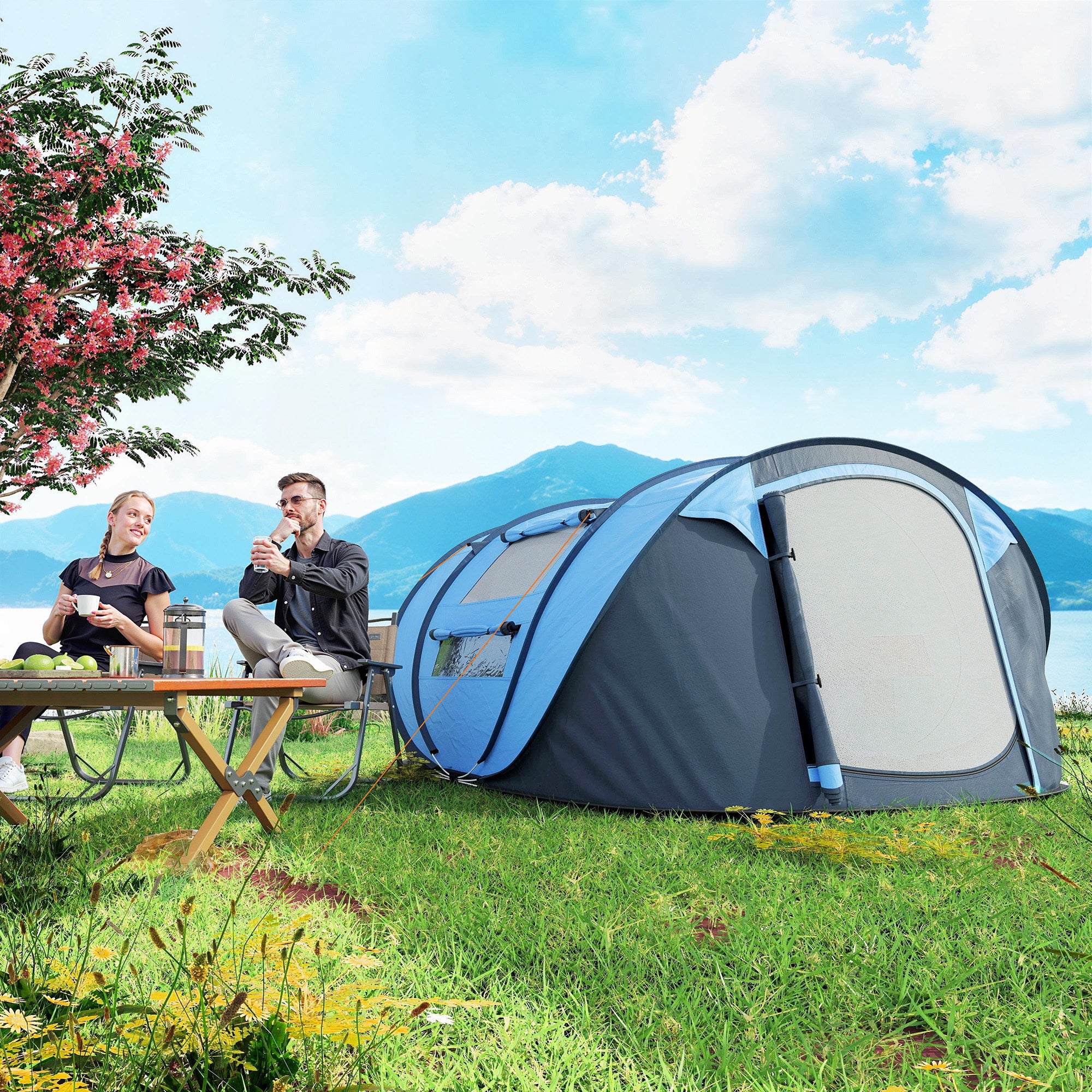 4 Person Camping Tent, Easy Pop Up Tent with Doors, Windows and Carry Bag, Automatic Setup Tent for Hiking, Blue