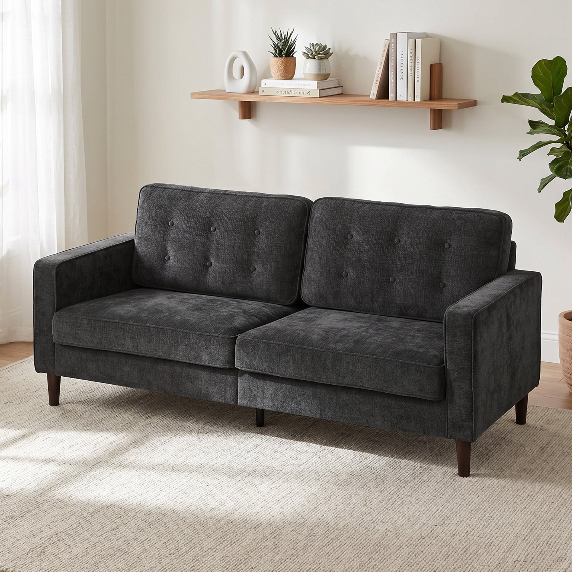 3 Seater Sofa Upholstered with Padded Cushion Modern Button Tufted Couch with Wood Legs, Dark Grey