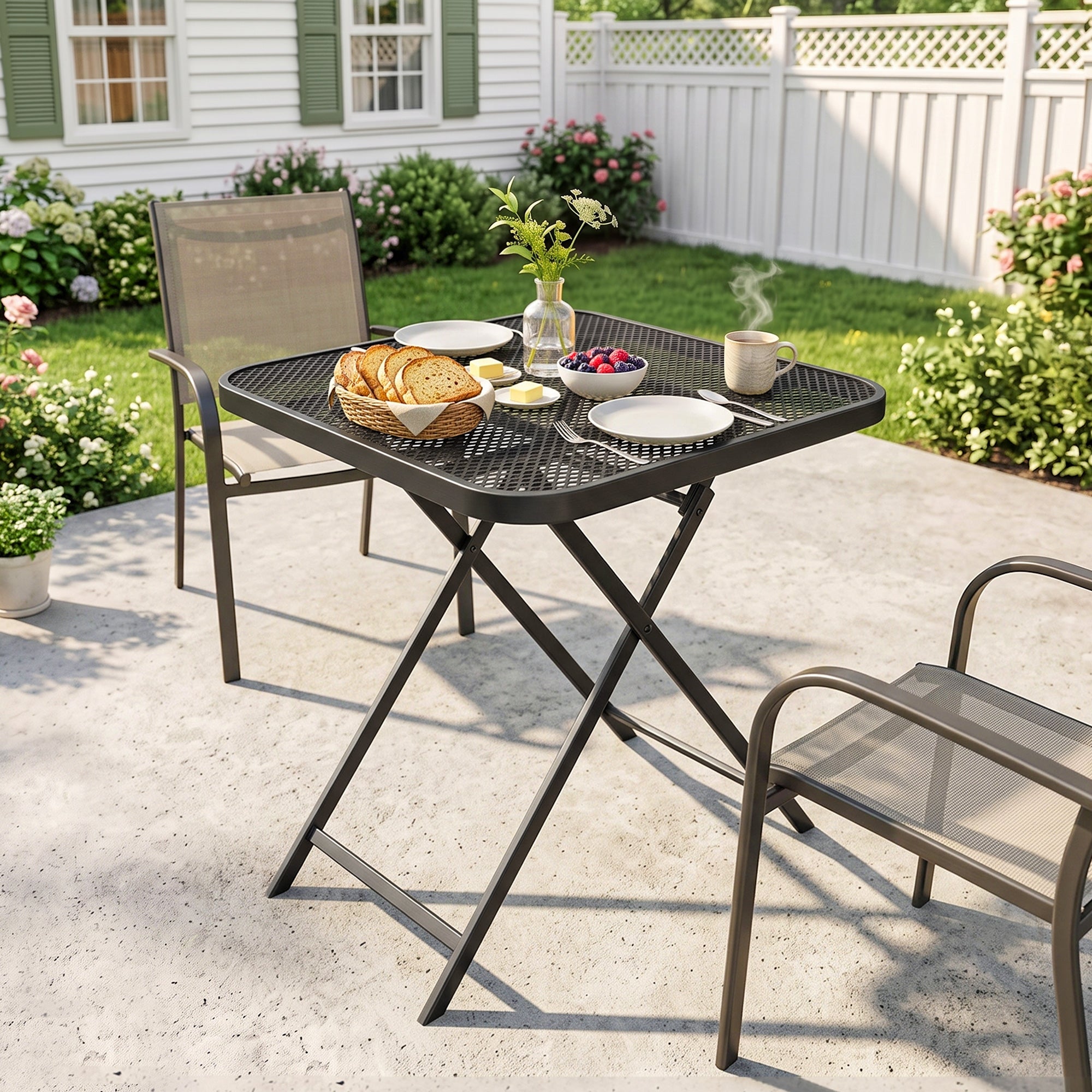 27.5" Square Outdoor Patio Table, Outdoor Folding Table with Grid Rattan-Like Top for Camping, Picnic, Black