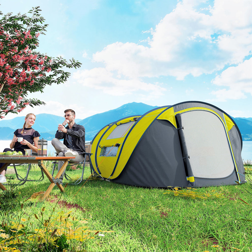 4 Person Camping Tent, Easy Pop Up Tent with Doors, Windows and Carry Bag, Automatic Setup Tent for Hiking, Yellow