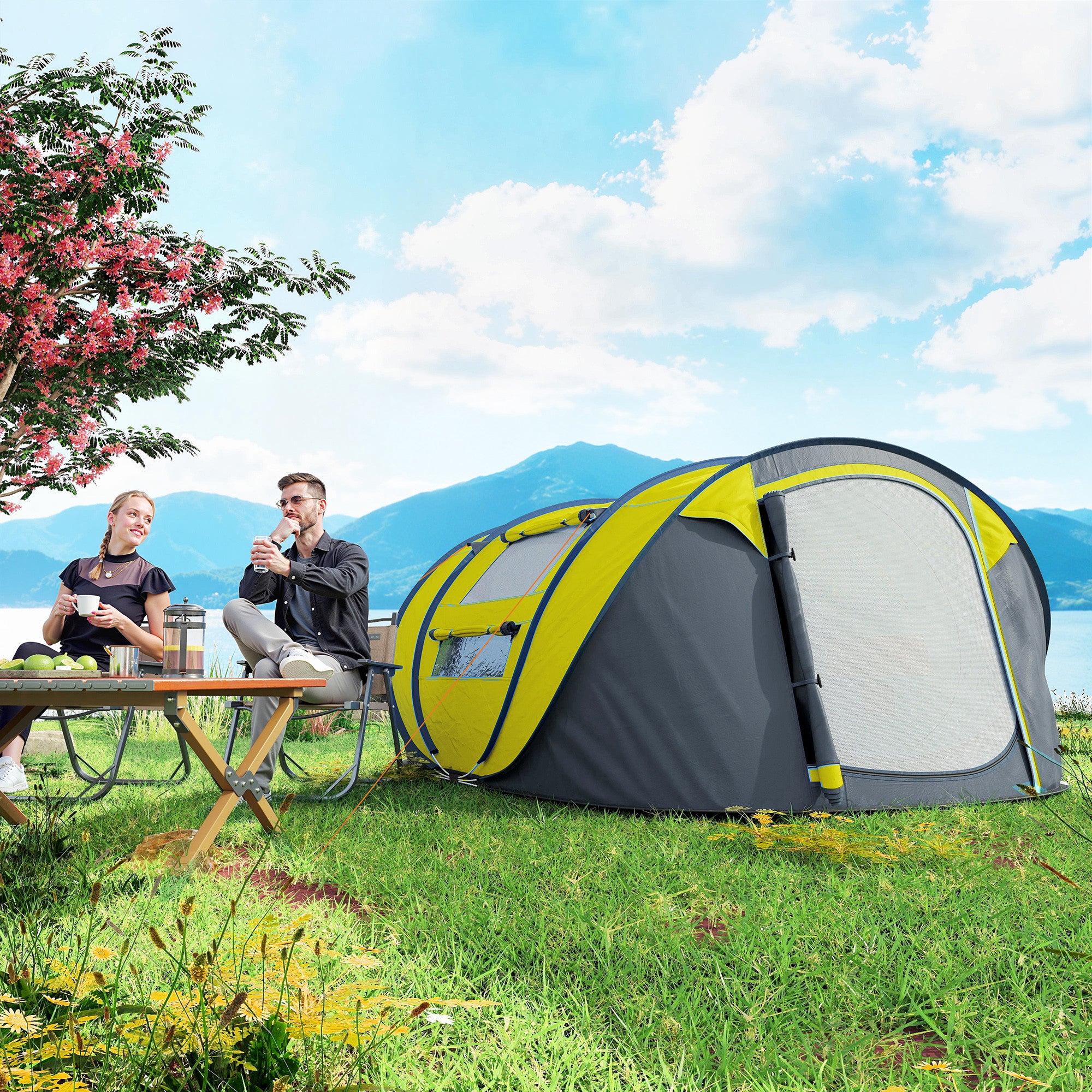 4 Person Camping Tent, Easy Pop Up Tent with Doors, Windows and Carry Bag, Automatic Setup Tent for Hiking, Yellow