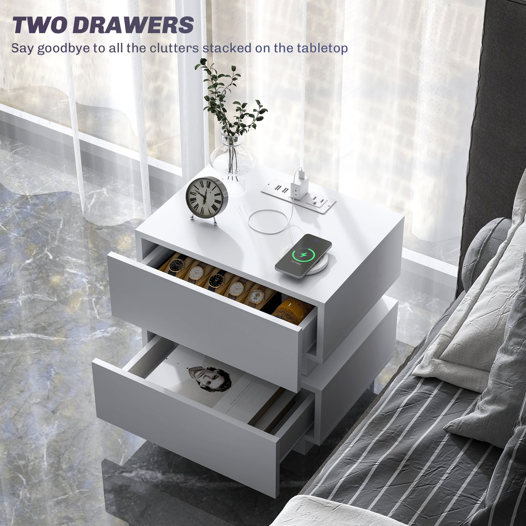 Bedside Table with Charging Station and LED Light Modern Nightstand with USB Ports AC Outlets Drawers Remote, White