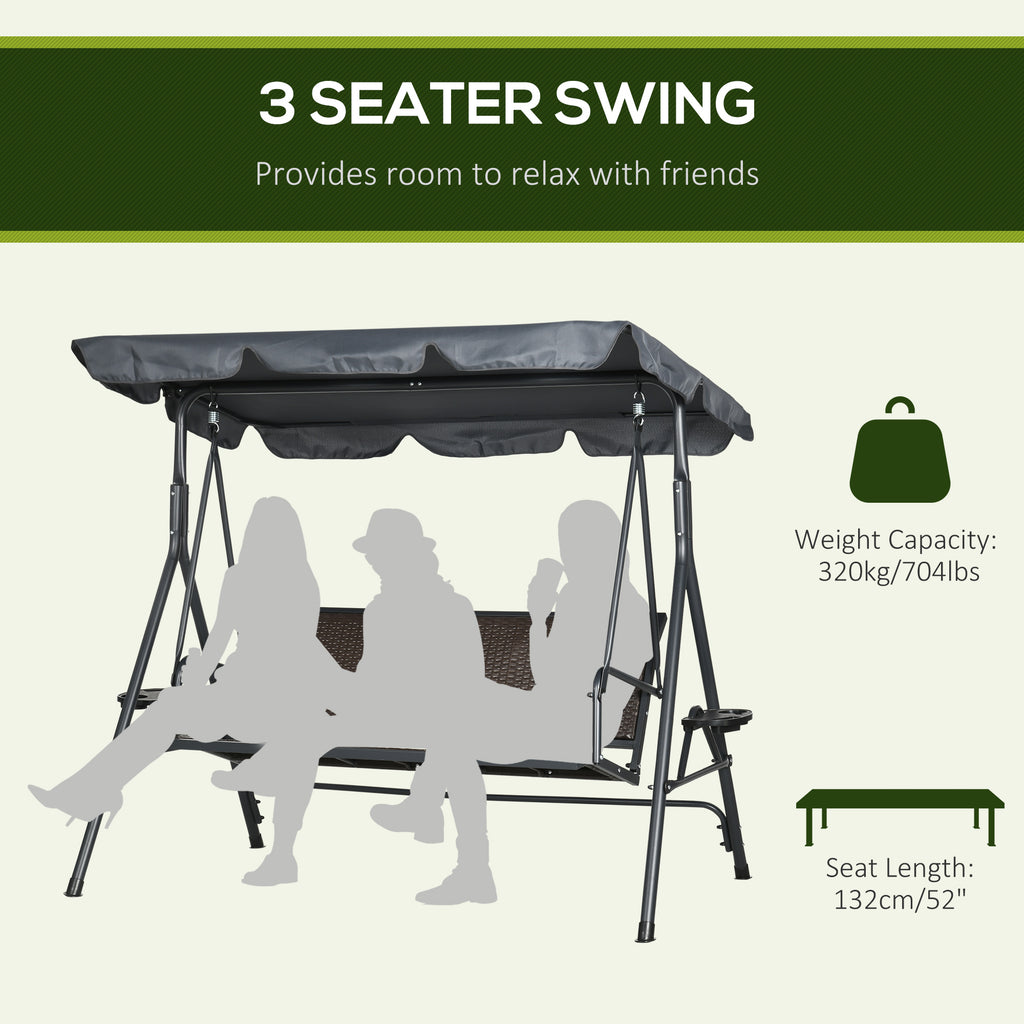 3-Seat Patio Swing Chair, Outdoor Canopy Swing Glider with Adjustable Shade, Rattan Seat and Steel Frame, for Porch, Garden, Poolside, Dark Grey