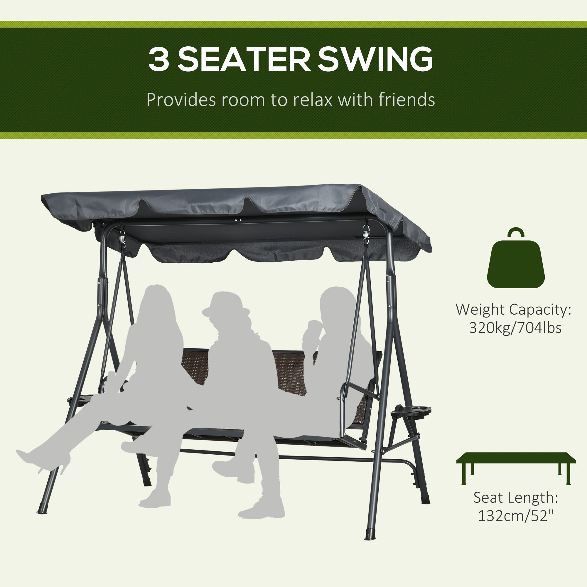 3-Seat Patio Swing Chair, Outdoor Canopy Swing Glider with Adjustable Shade, Rattan Seat and Steel Frame, for Porch, Garden, Poolside, Dark Grey
