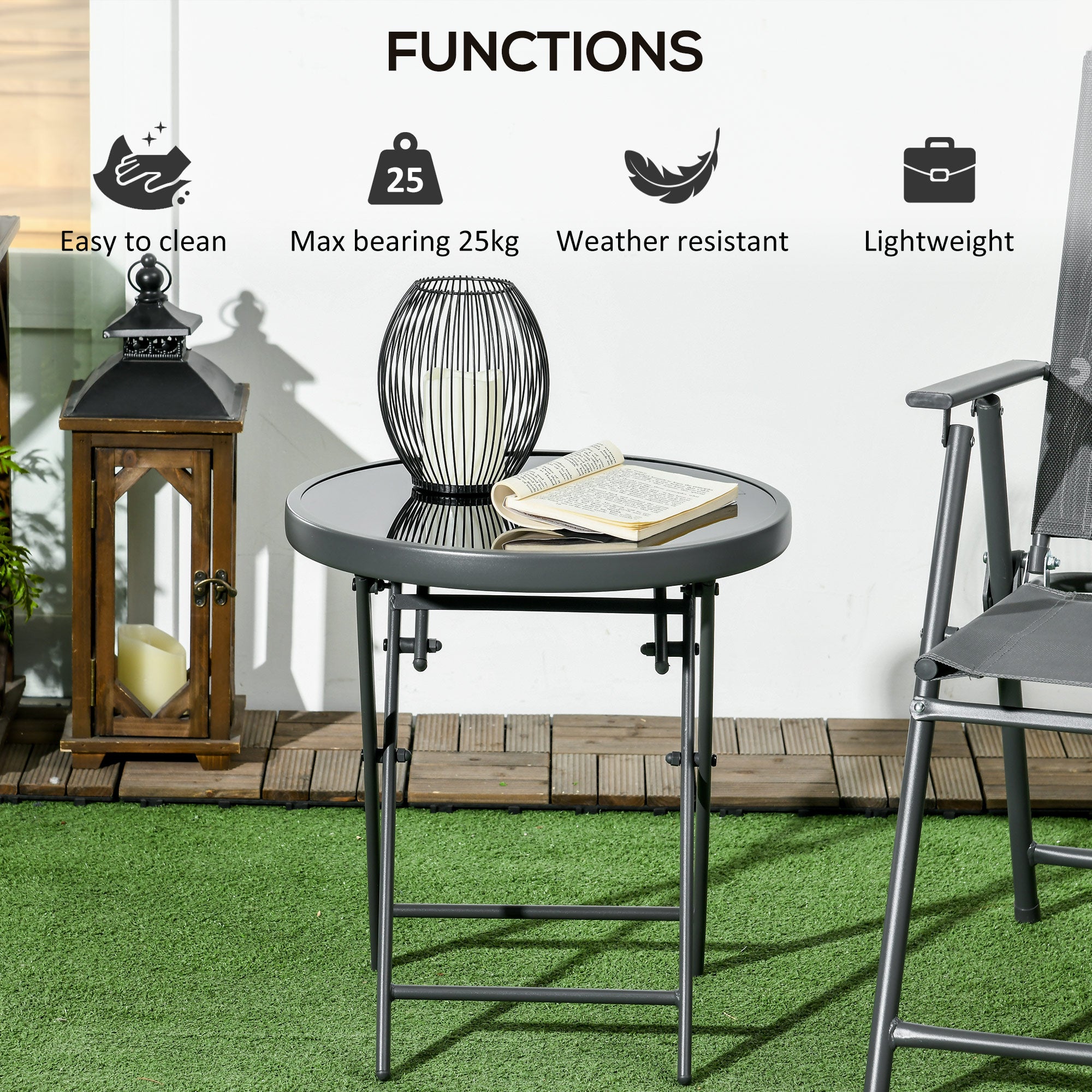 18" Outdoor Round Folding Table, Garden Side Table with Tempered Glass Top for Camping, Party, Weddings, Black