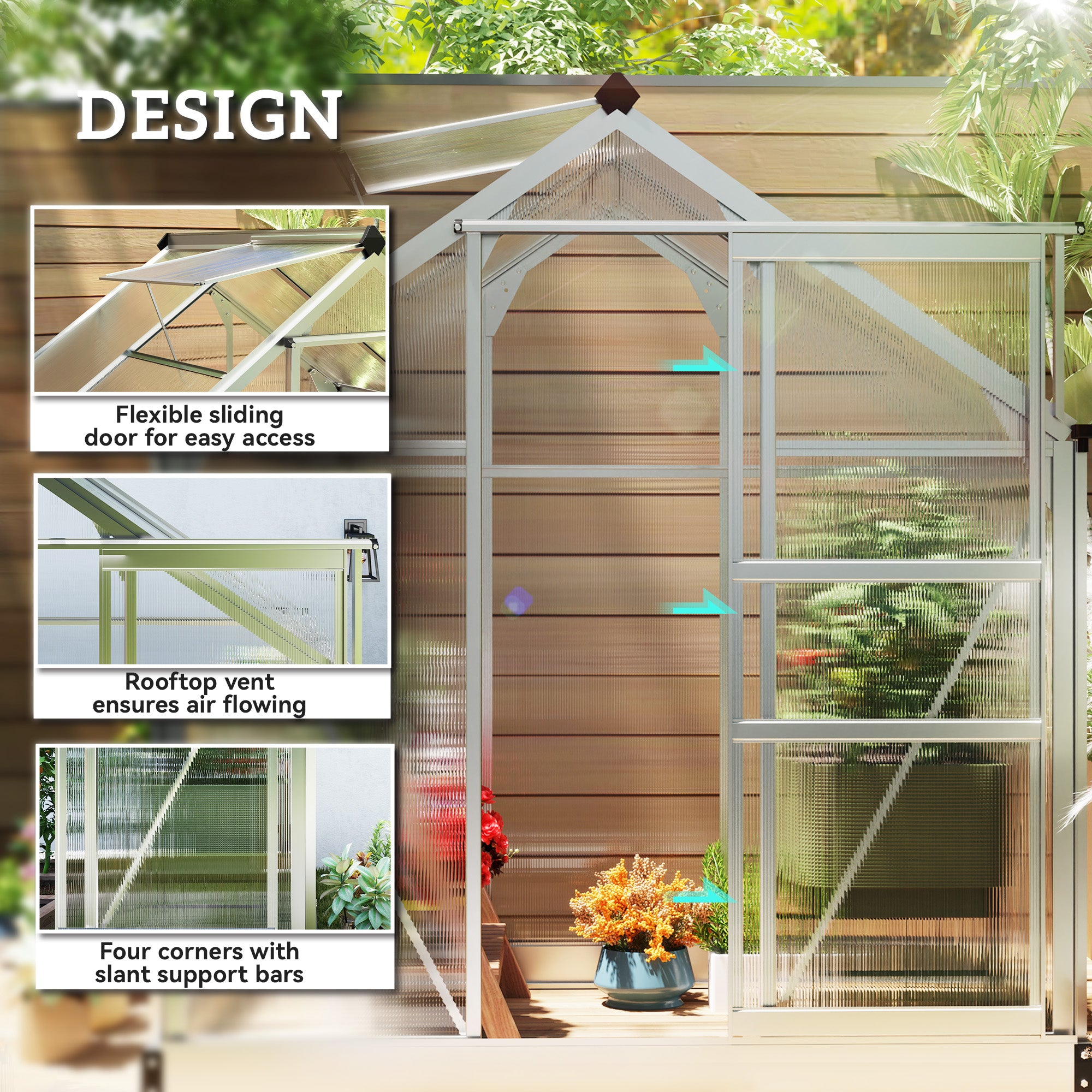 6' x 4' x 6.6' Polycarbonate Greenhouse, Walk-In Green House Kit Garden, Plants Grow, Galvanized Sheet Aluminum Frame with Rain Gutter, Vent and Sliding Door, Silver