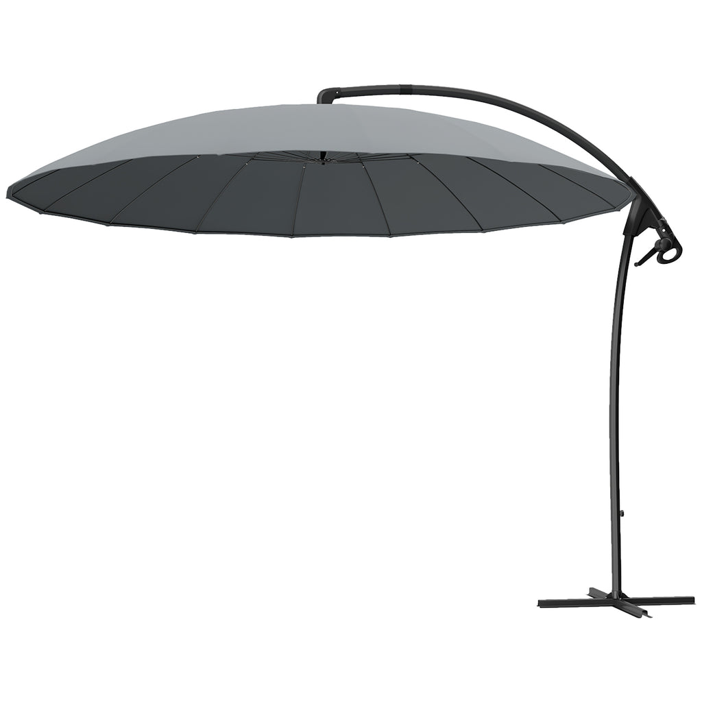9FT Cantilever Umbrella with 16 Fibreglass Ribs, Offset Hanging Umbrella, Patio Umbrella with Crank and Cross Base, Grey