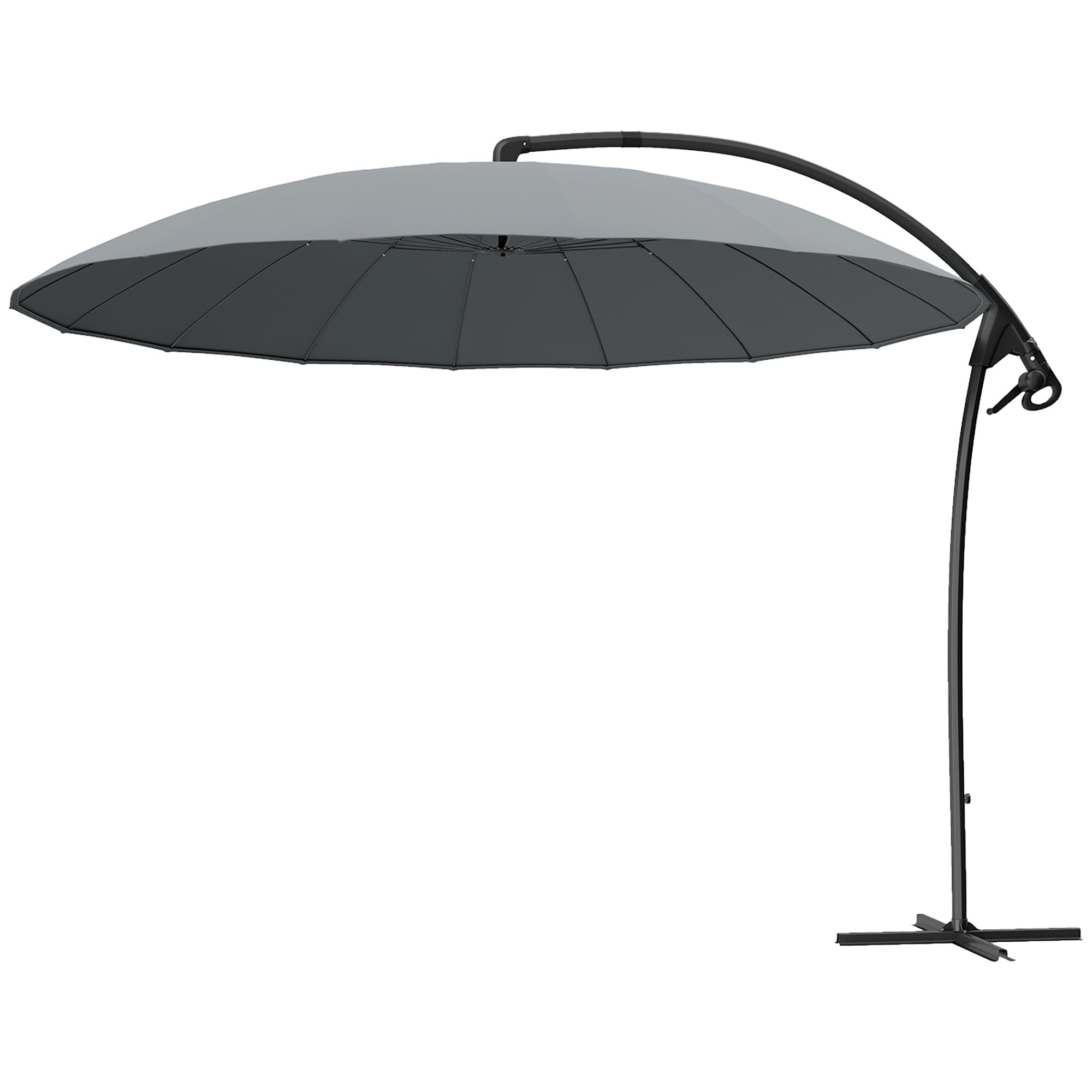 9FT Cantilever Umbrella with 16 Fibreglass Ribs, Offset Hanging Umbrella, Patio Umbrella with Crank and Cross Base, Grey