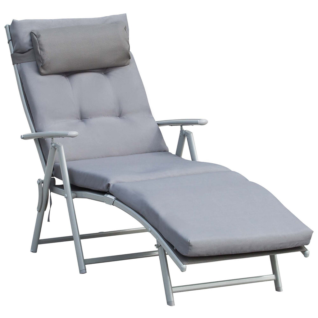Lounge Chair Outdoor, Folding Patio Chaise Lounger, 360 lbs 7-Position Adjustable Back Outdoor Recliner with Cushion, Headrest for Garden, Backyard, Poolside, Grey