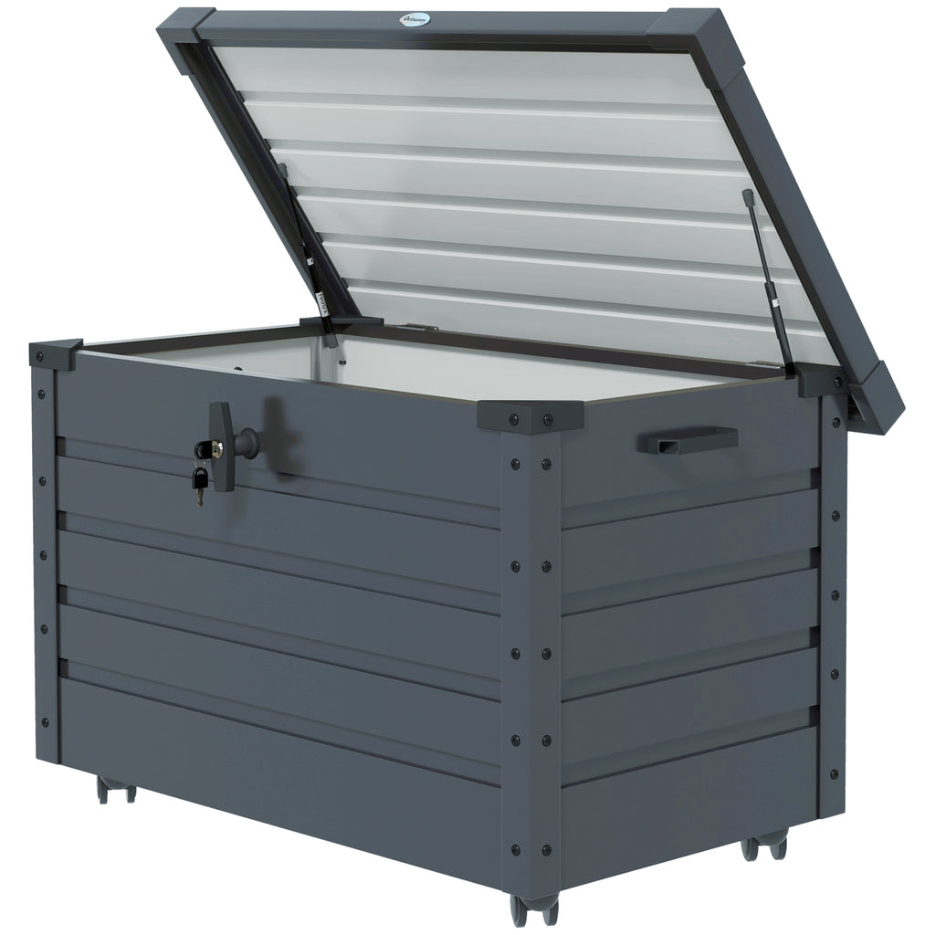 78 Gallon Garden Storage Box, Waterproof Outdoor Storage Container with Wheels and Handles, Dark Grey
