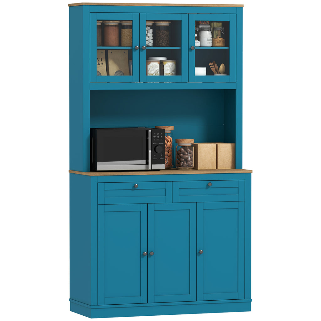 71" Pantry Cabinet with Microwave Space, Buffet with Hutch, 2 Drawers, Adjustable Shelves and Glass Doors, Navy Blue