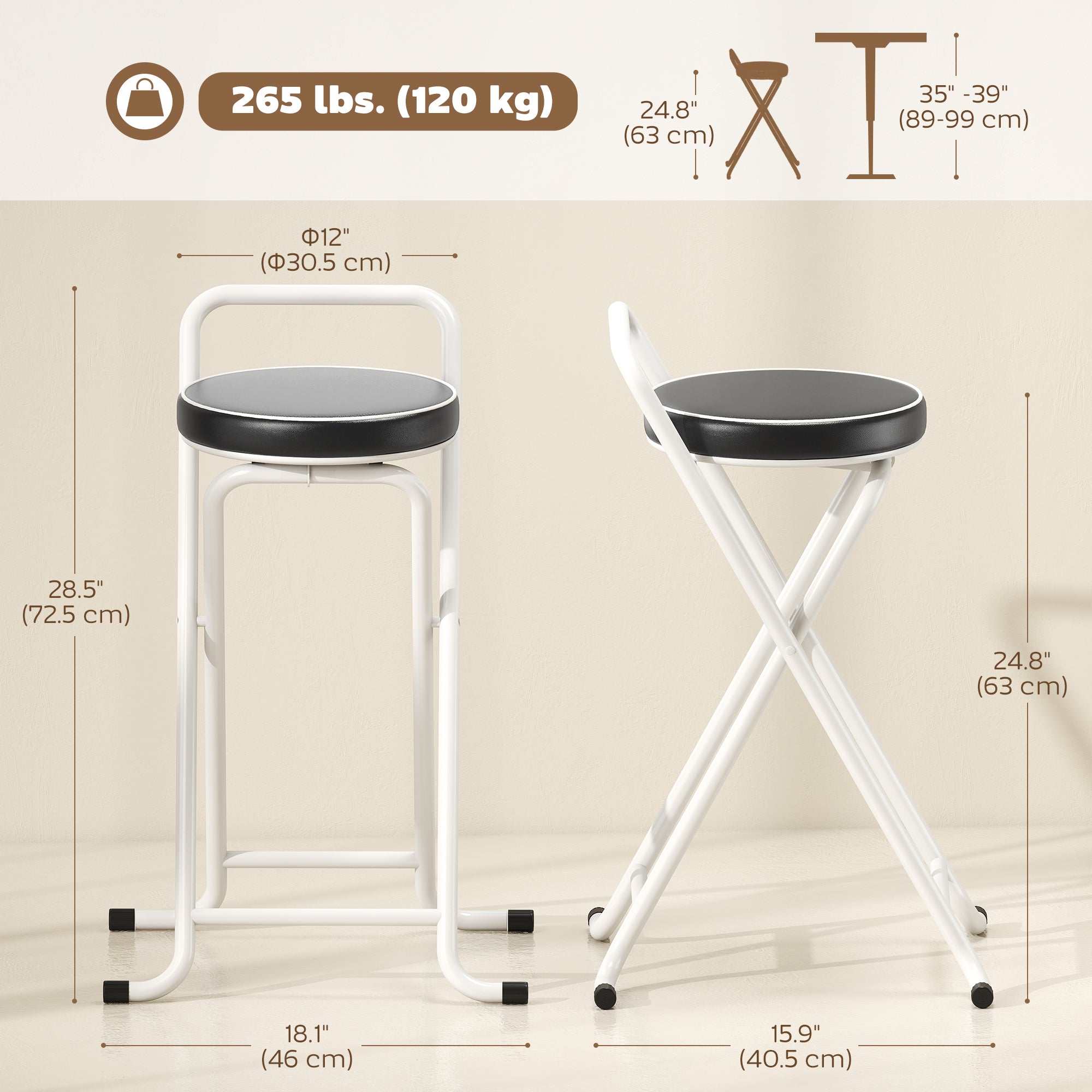 Foldable Bar Stools Set of 2, Folding Kitchen Chairs with PU Cushioned Seat, Footrest, Black