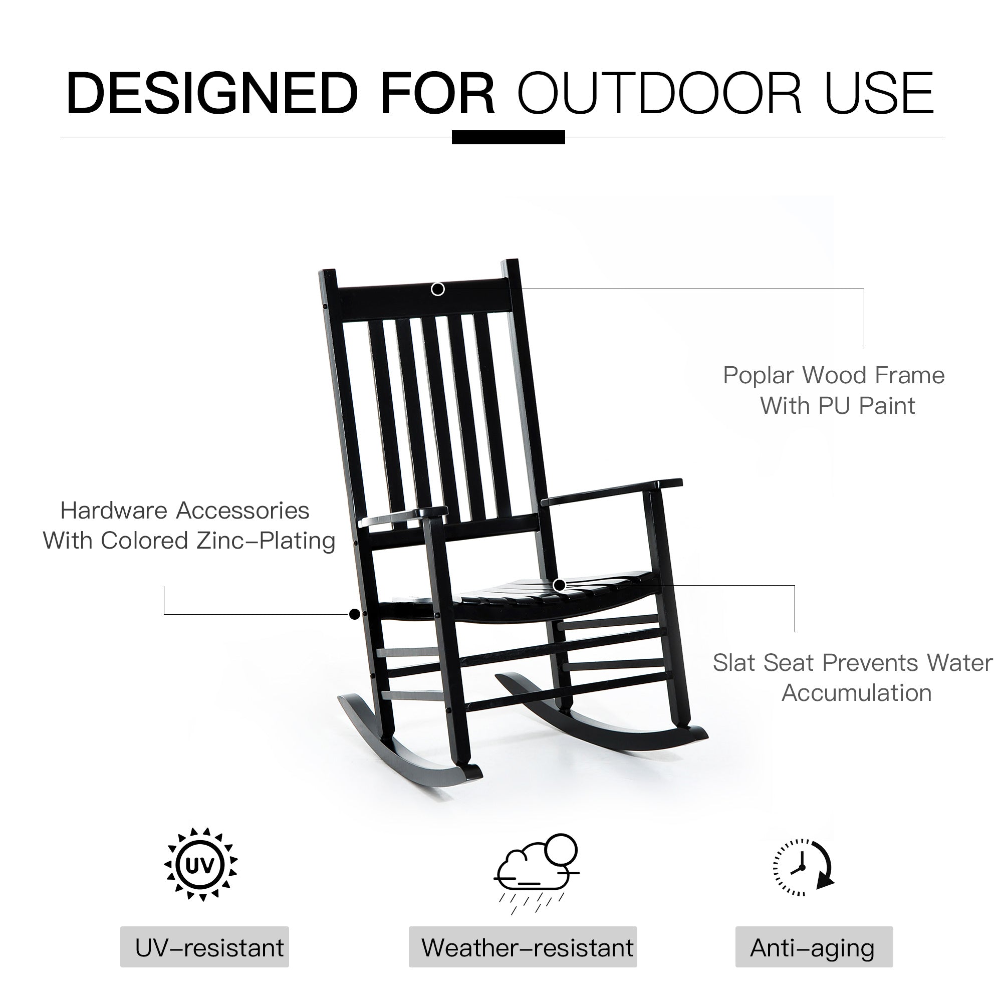 Wooden Porch Rocking Chair Outdoor Patio Rocker Garden Single Leisure Reclining Seat Armchair Black