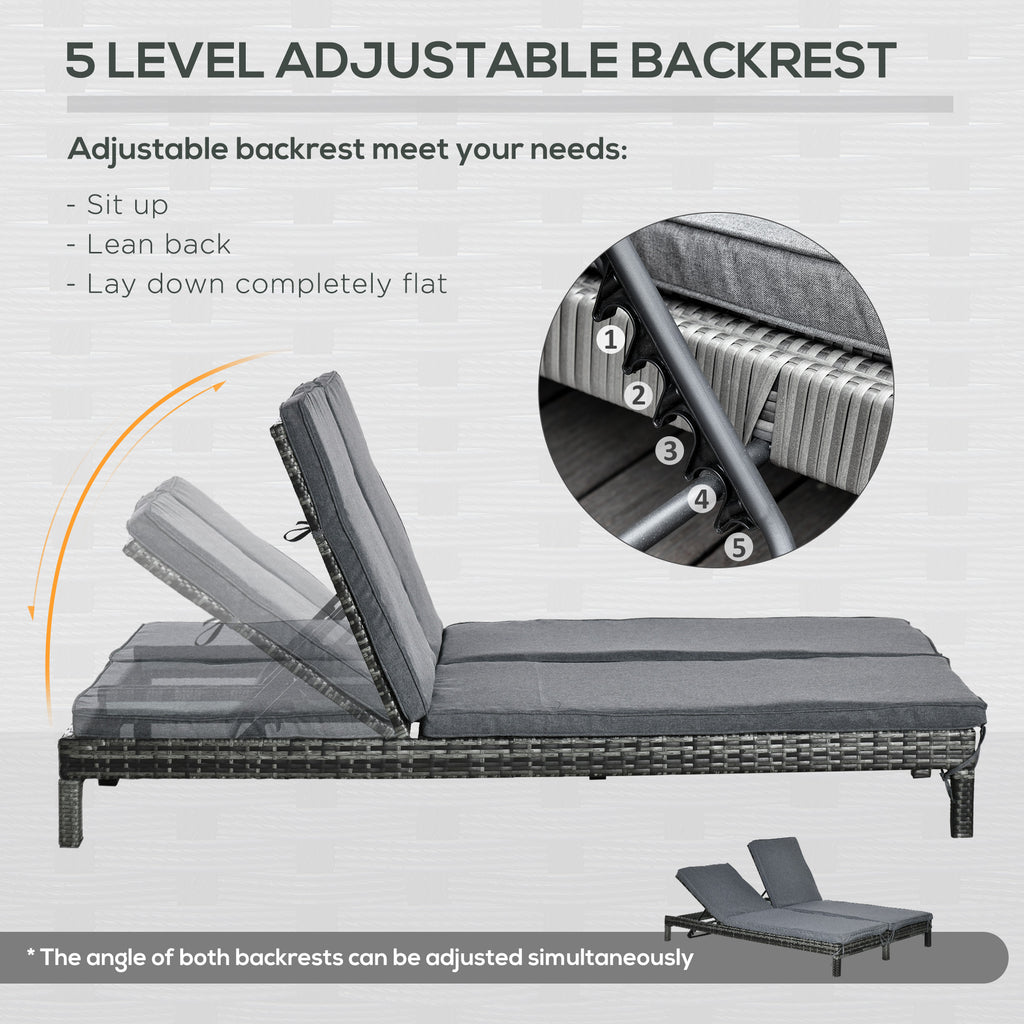 Wicker Double Chaise Lounge Chair Outdoor Recliner 2 Person Rattan Patio Reclining Sunbed Furniture Cushioned w/Adjustable Backrest, Black, Grey