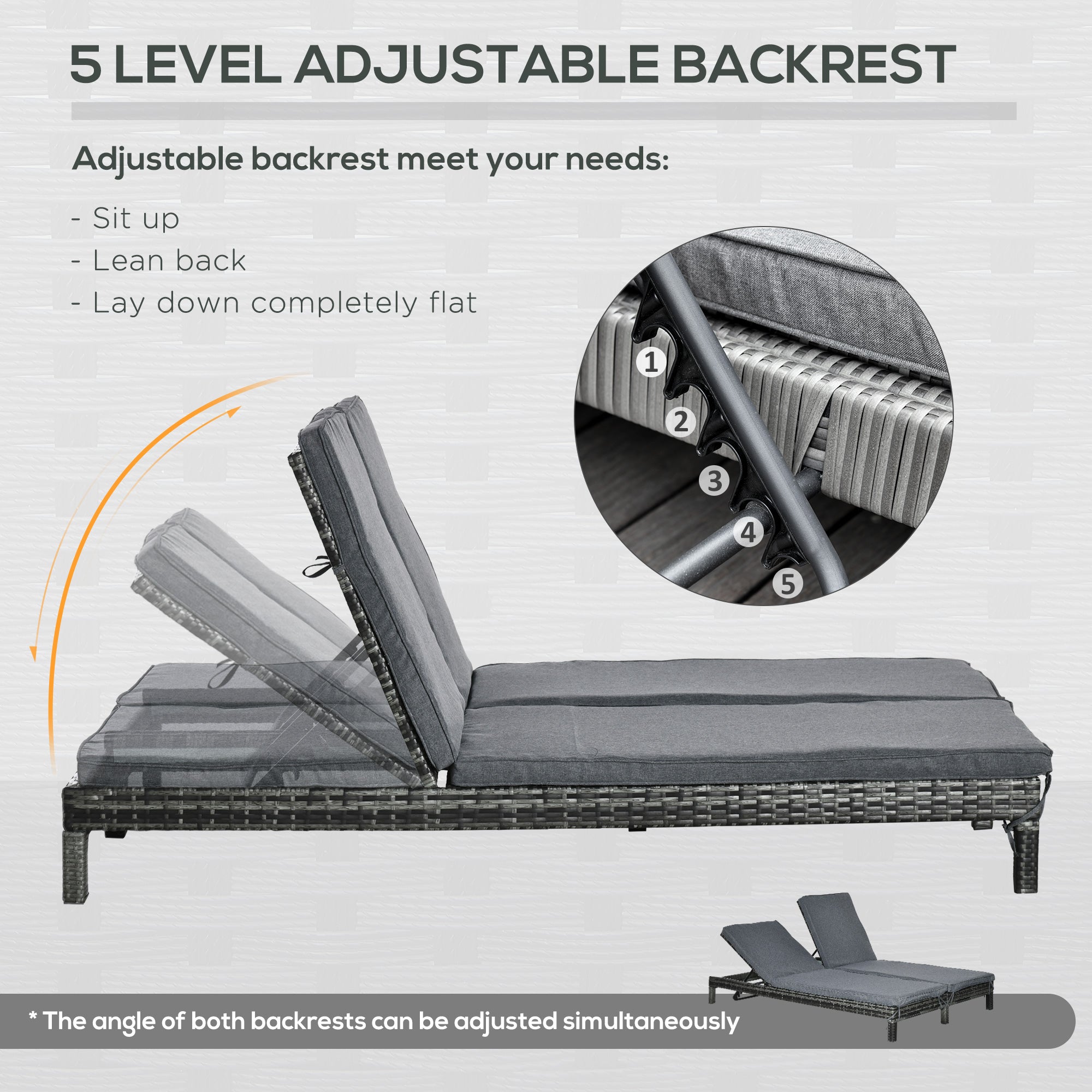 Wicker Double Chaise Lounge Chair Outdoor Recliner 2 Person Rattan Patio Reclining Sunbed Furniture Cushioned w/Adjustable Backrest, Black, Grey