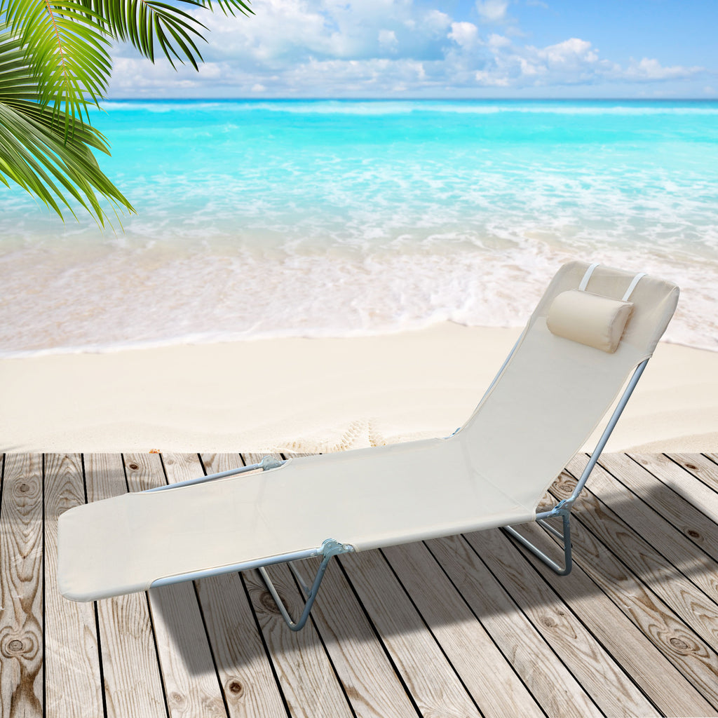 Outdoor Lounge Chair, Portable Adjustable Reclining Seat Folding Chaise Lounge Patio Camping Beach Tanning Chair Bed with Pillow, Beige