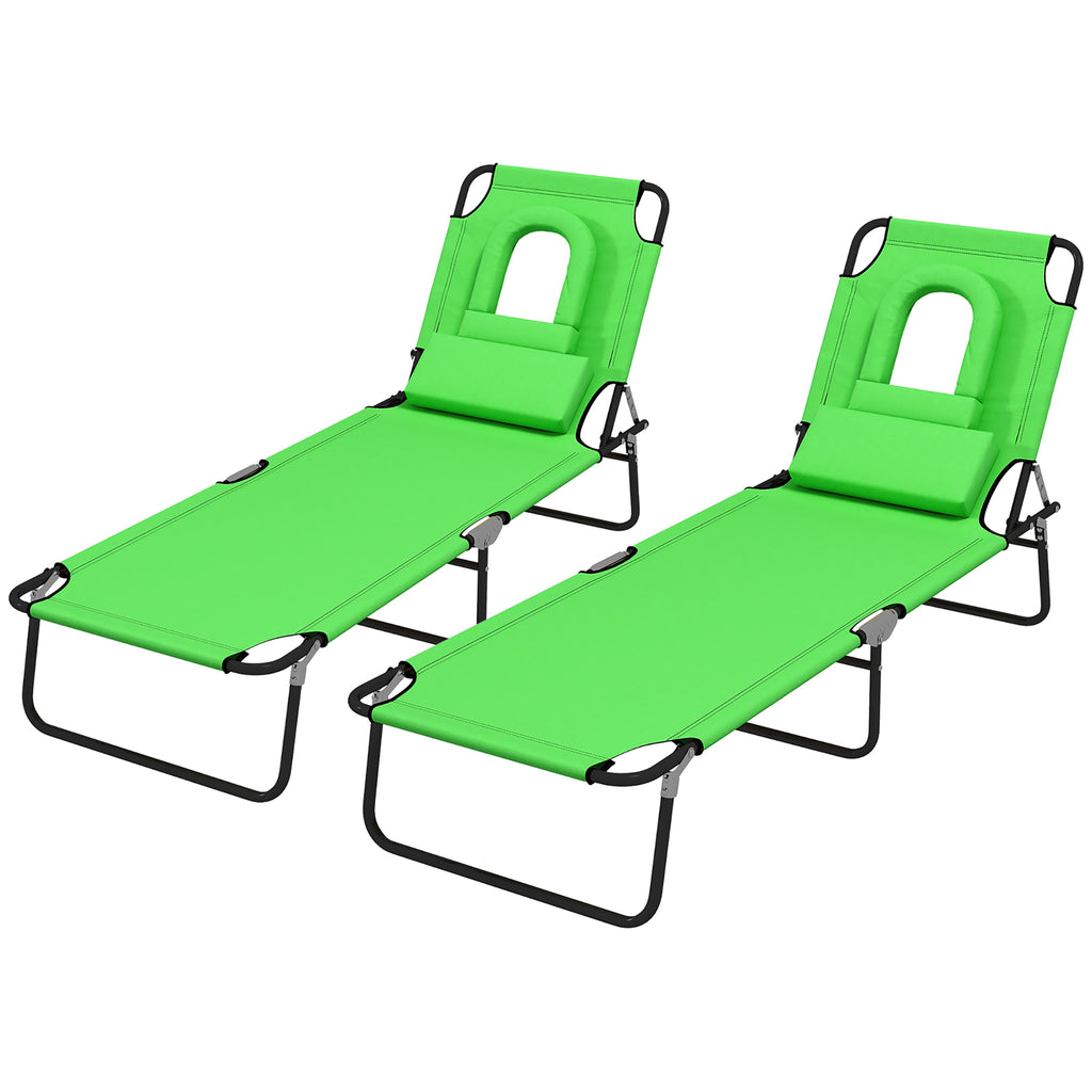 Folding Lounge Chair Set of 2, Reclining Beach Tanning Chair with Face Hole, Pillow, 4-Position Adjustable Flat Sun Lounger, Steel Frame for Outdoor Patio Pool, Green