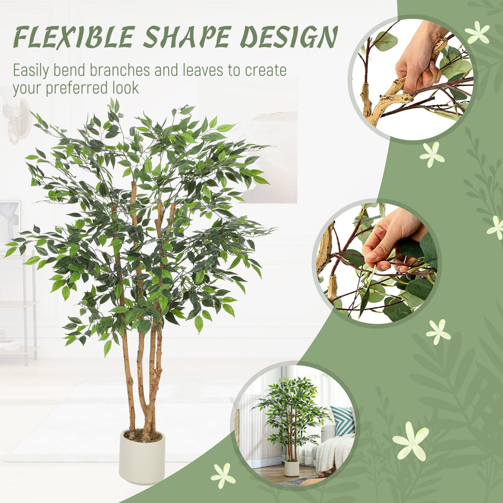 5FT Artificial Banyan Tree Set of 2, Fake Potted Tree with Solid Wood Trunk and Pot for Indoor