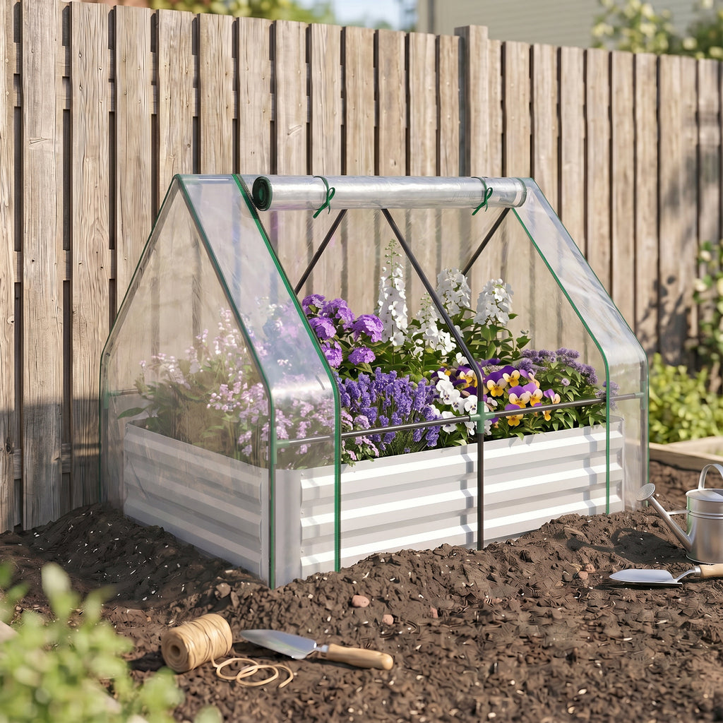 Steel Raised Garden Bed with Cover and Roll Up Door, Dual Use, 50"x37.4" Outdoor Greenhouse, Clear