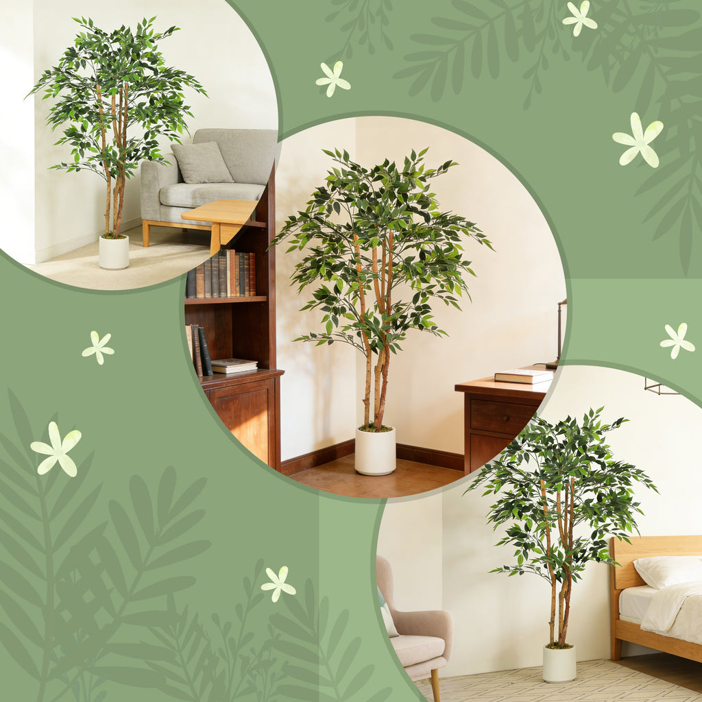 5FT Artificial Banyan Tree Set of 2, Fake Potted Tree with Solid Wood Trunk and Pot for Indoor
