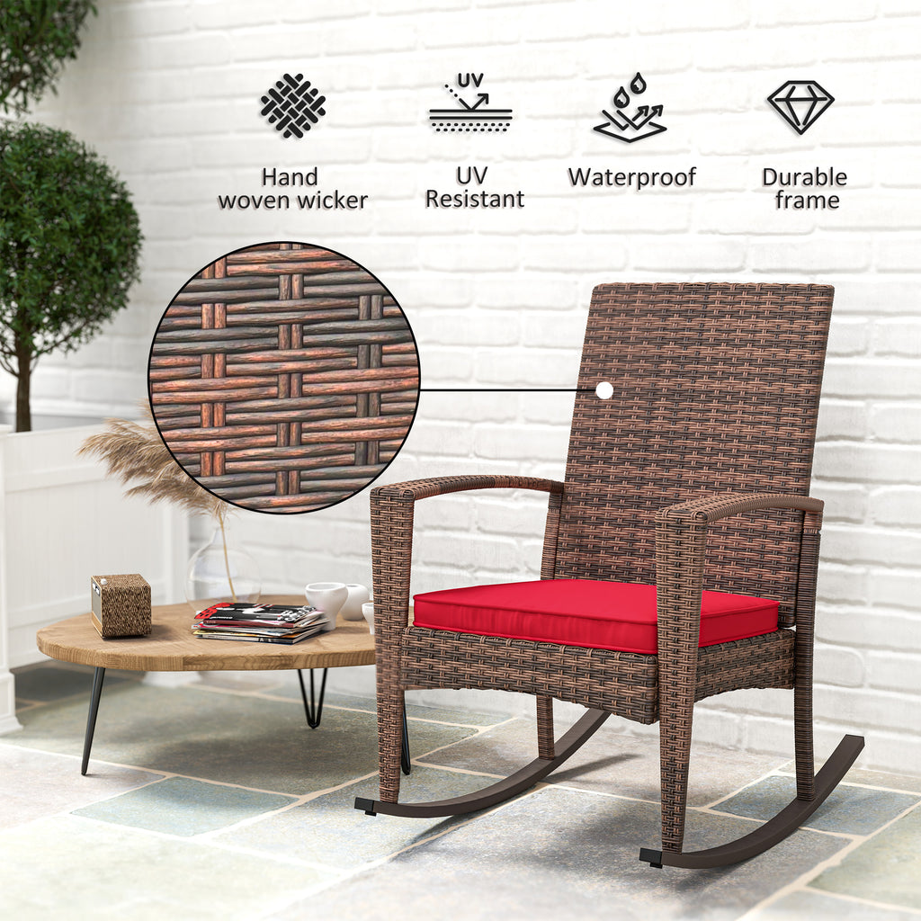 Outdoor PE Rattan Rocking Chair, Garden Glider Rocking Chair, Wicker Patio Chair Set with Armrest and Cushion, Wine Red