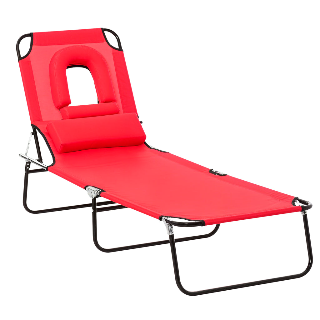 Folding Chaise Lounge Chair, Reclining Beach Tanning Chair with Face Hole, Pillow, 4-Position Adjustable Lay Flat Sun Lounger, Steel Frame for Outdoor Patio Pool, Red