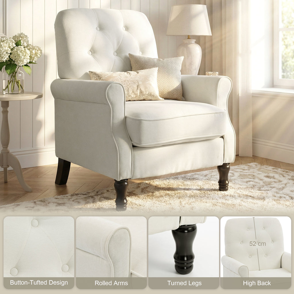 Accent Chair, Mid-Century Modern Armchair with Thick Padded Seat, Spring Cushion, Solid Wood Legs, Cream White
