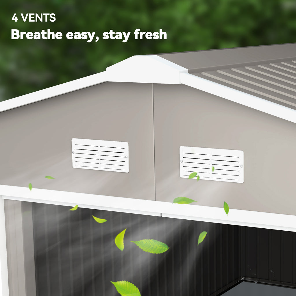 11' x 13' Practical Backyard Garden Storage Tool Shed Double Sliding Door 4 Ventilation Slots, Light Grey