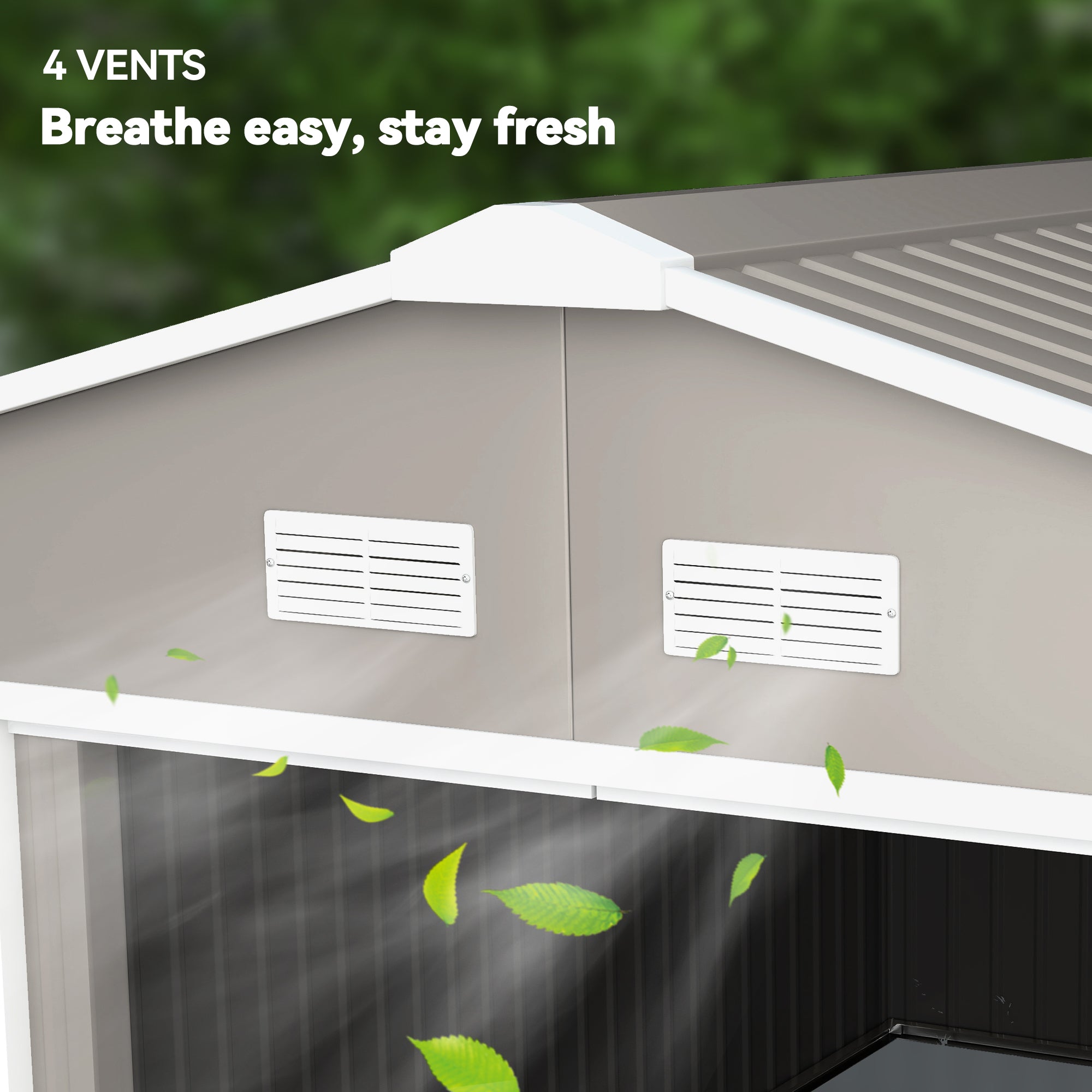 11' x 13' Practical Backyard Garden Storage Tool Shed Double Sliding Door 4 Ventilation Slots, Light Grey