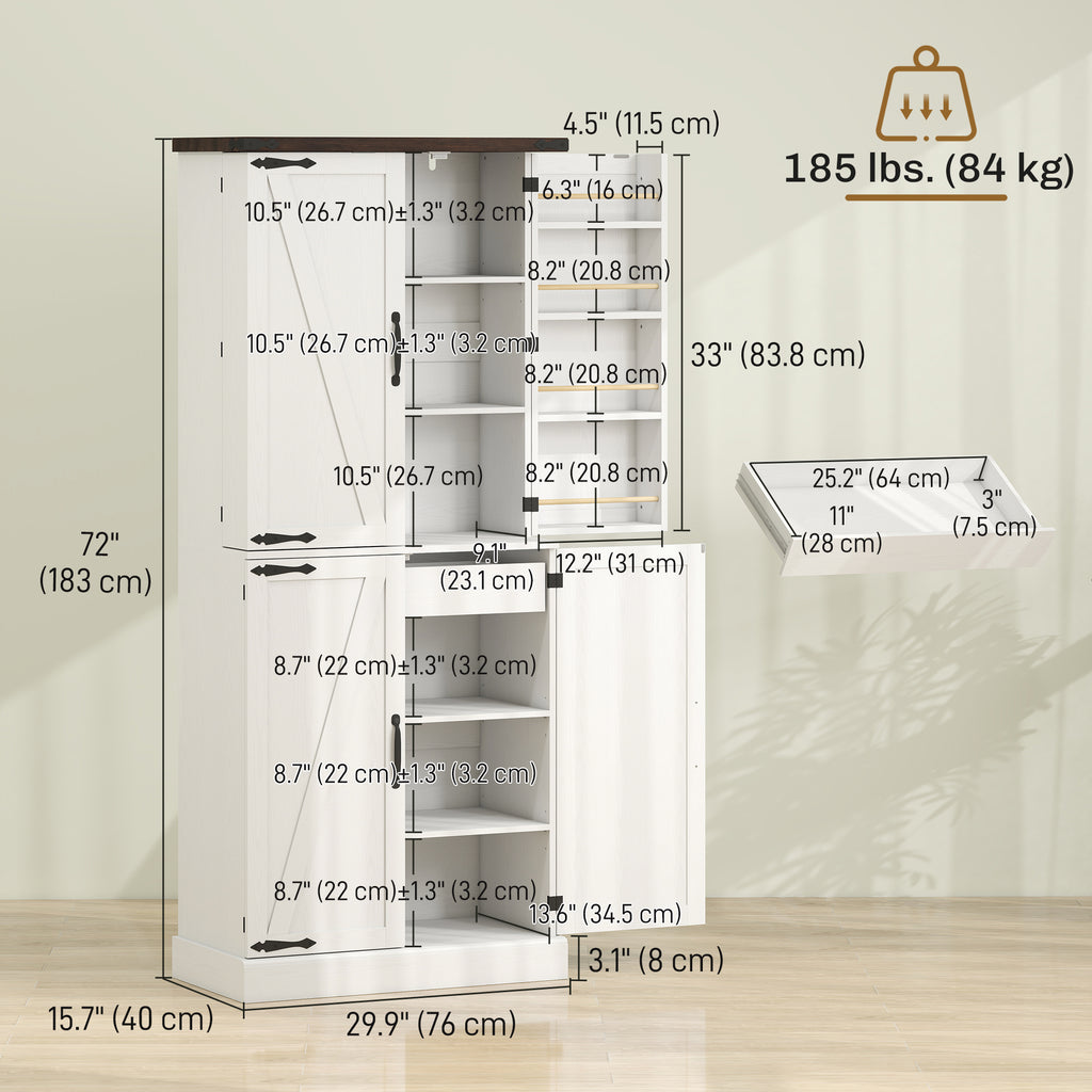72" Tall Kitchen Pantry Cabinet, Farmhouse Storage Cabinet with 8 Door Racks and Adjustable Shelves, White