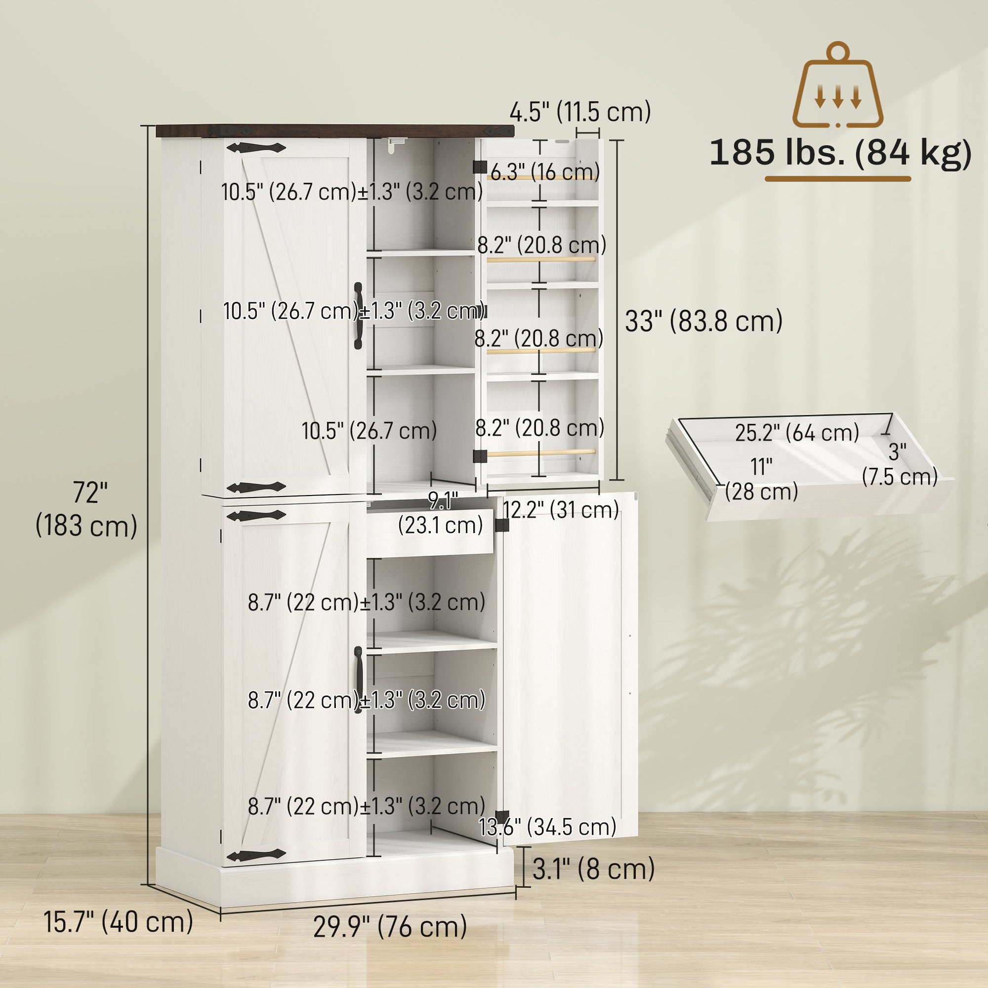 72" Tall Kitchen Pantry Cabinet, Farmhouse Storage Cabinet with 8 Door Racks and Adjustable Shelves, White