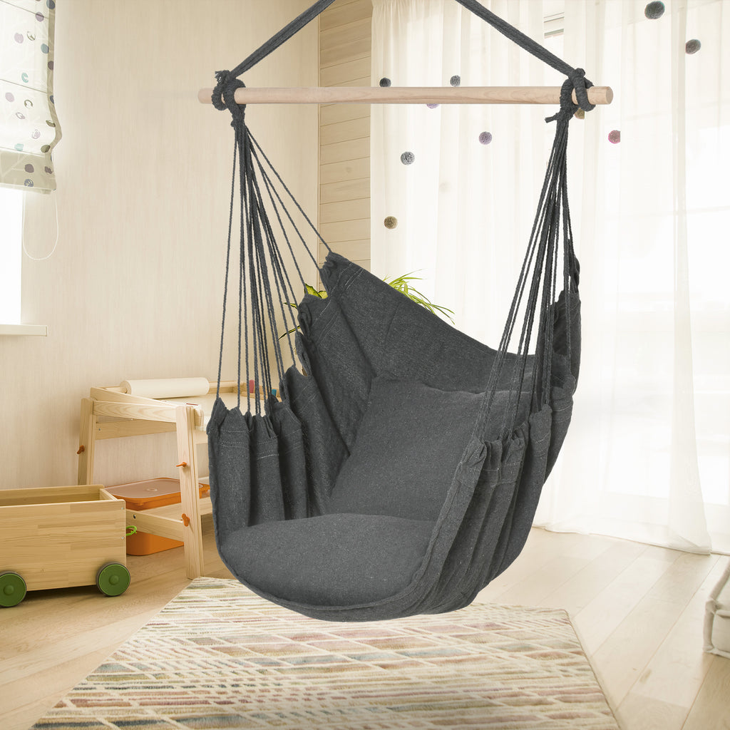 Hammock Chair Swing Hanging Macrame Chair Cotton w/ Two Soft Seat Cushions, for Bedroom Indoor Outdoor Ideal Gift for Kids Lover Birthday Present, Dark Grey