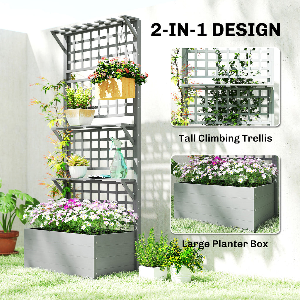 Wooden Raised Garden Bed with Trellis and Roof, Elevated Planter Box with 2 Shelves, Drainage Hole and Liner, Grey