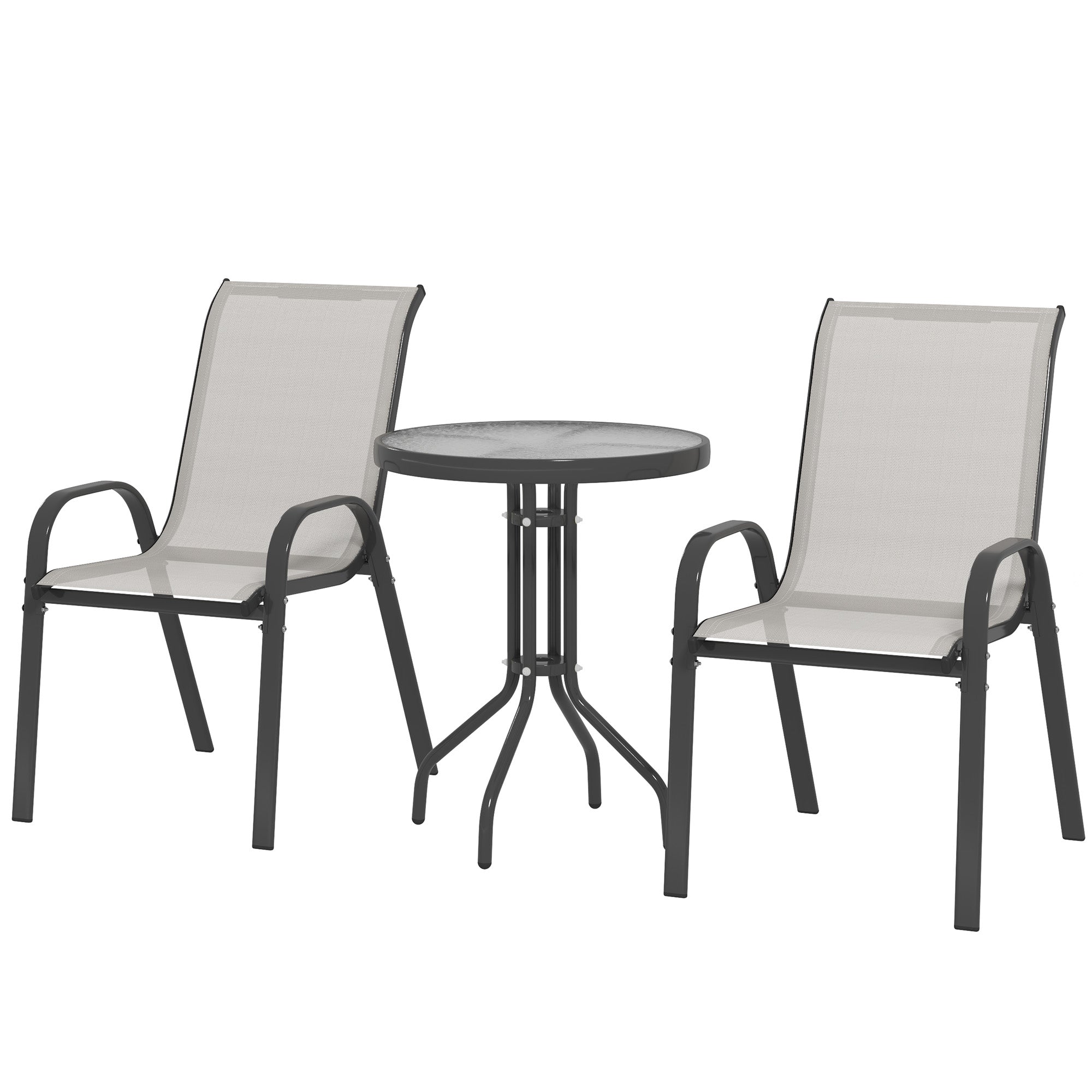 3 Pieces Bistro Set, Small Patio Furniture Set with Stackable Mesh Chairs, Glass Table for Garden, Balcony, Light Grey