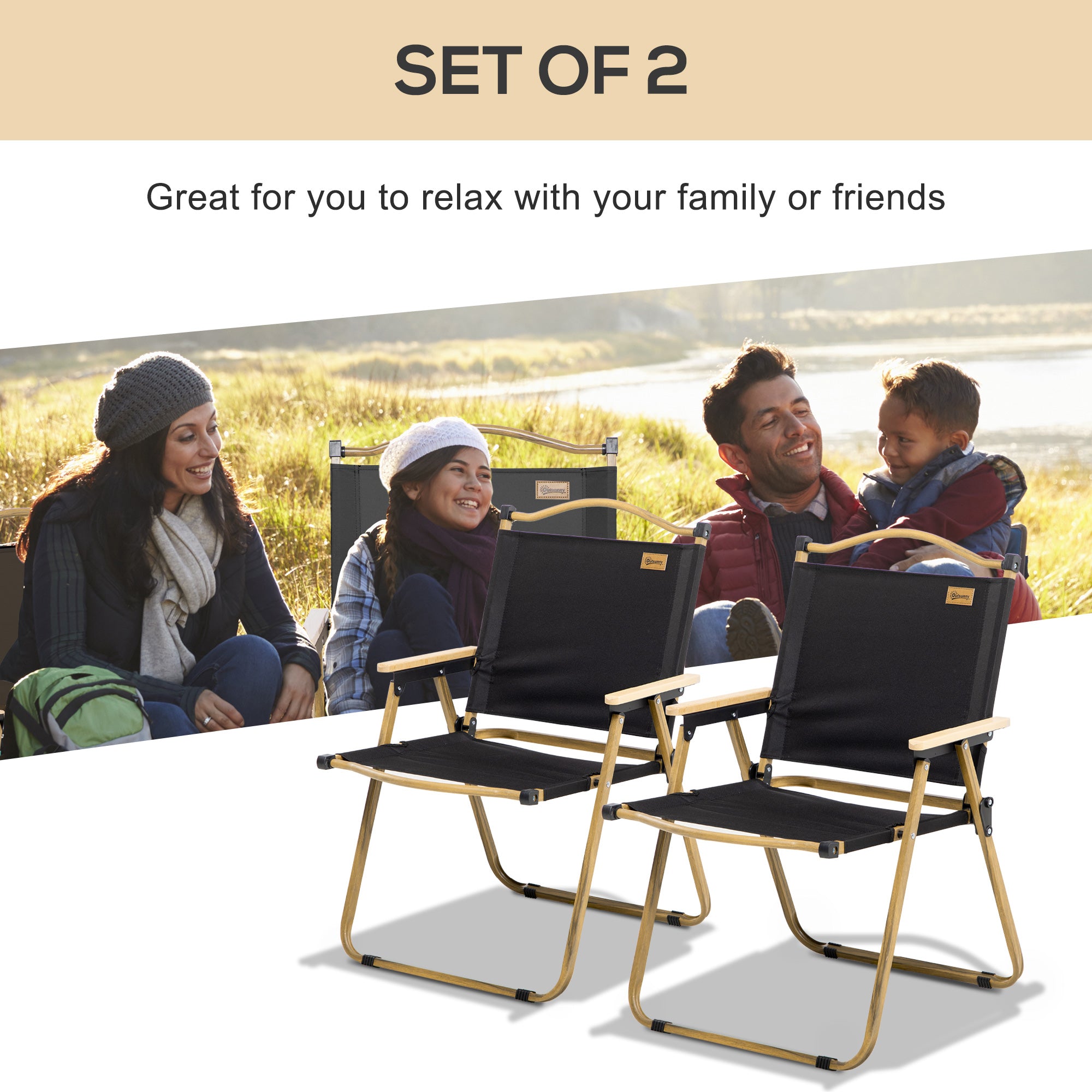 Set of 2 Camping Chair, Lightweight Folding Chair, Portable Armchairs, Excellent for Festivals, Fishing, Beach and Hiking, Black