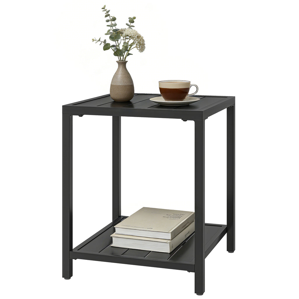 Outdoor Coffee Table 2-Tier Patio Coffee Table with Storage Shelf, Adjustable Feet for Garden Balcony Poolside Black