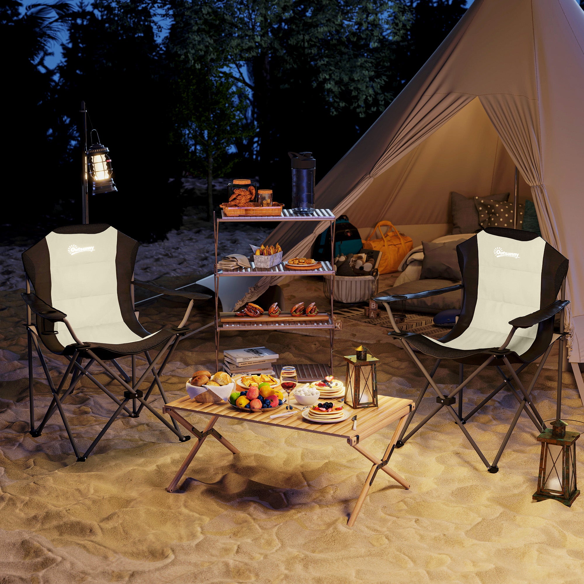 2 Pack Folding Camping Chairs, High Back Folding Chairs w/ Cup Holder, Padded Camping Chairs for Outdoor Events, Cream