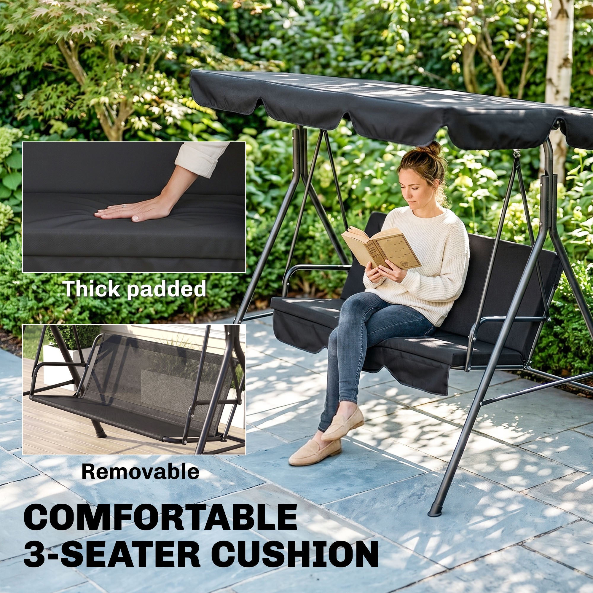 3-Seater Outdoor Porch Swing with Adjustable Canopy, Patio Swing Chair for Garden, Poolside, Backyard, Black