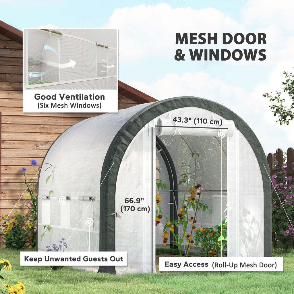 10'x6.6'x6.6' Upgraded Tunnel Greenhouse Green House with Mesh Door and Windows, 6 Plant Labels and Gloves, White