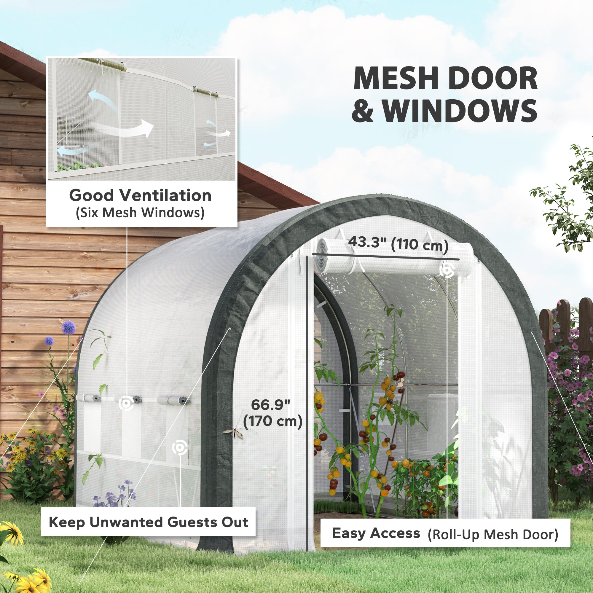 10'x6.6'x6.6' Upgraded Tunnel Greenhouse Green House with Mesh Door and Windows, 6 Plant Labels and Gloves, White