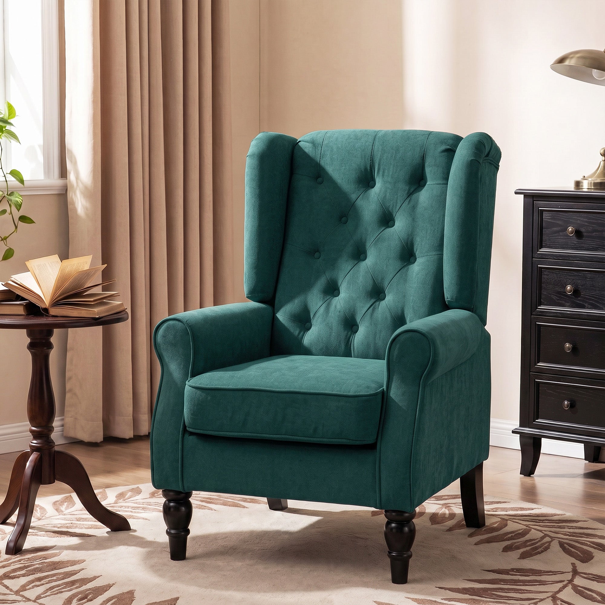 Fabric Accent Chair, Button Tufted Armchair, Armchair with Wood Legs, Thick Padding for Bedroom Dark Green