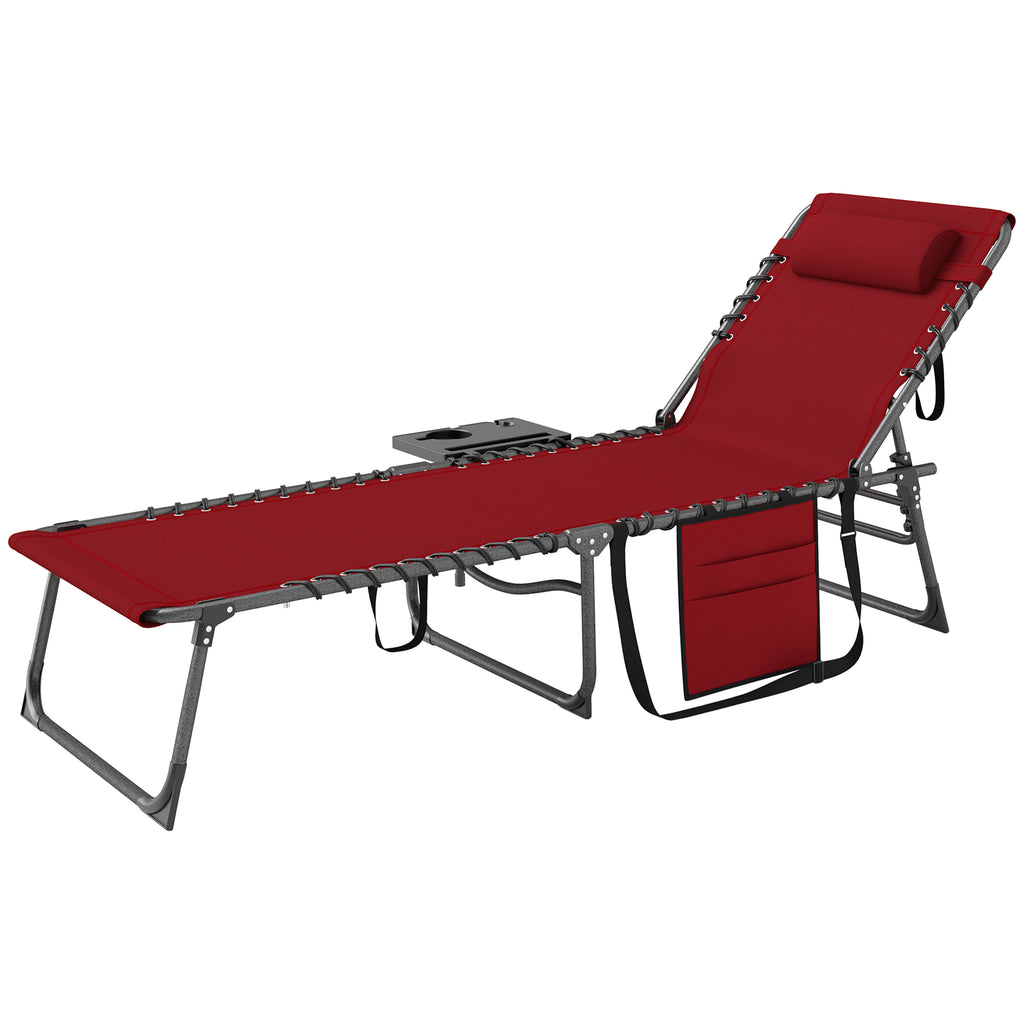 Folding Lounge Chair, Outdoor Chaise Lounge Tanning Chair with Adjustable Back, Side Table, Headrest, Red