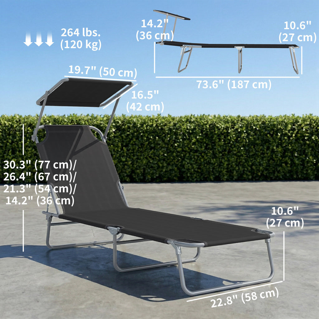 Outdoor Lounge Chair, Adjustable Folding Chaise Lounge, Tanning Chair with Sun Shade for Beach, Camping, Hiking, Backyard, Black