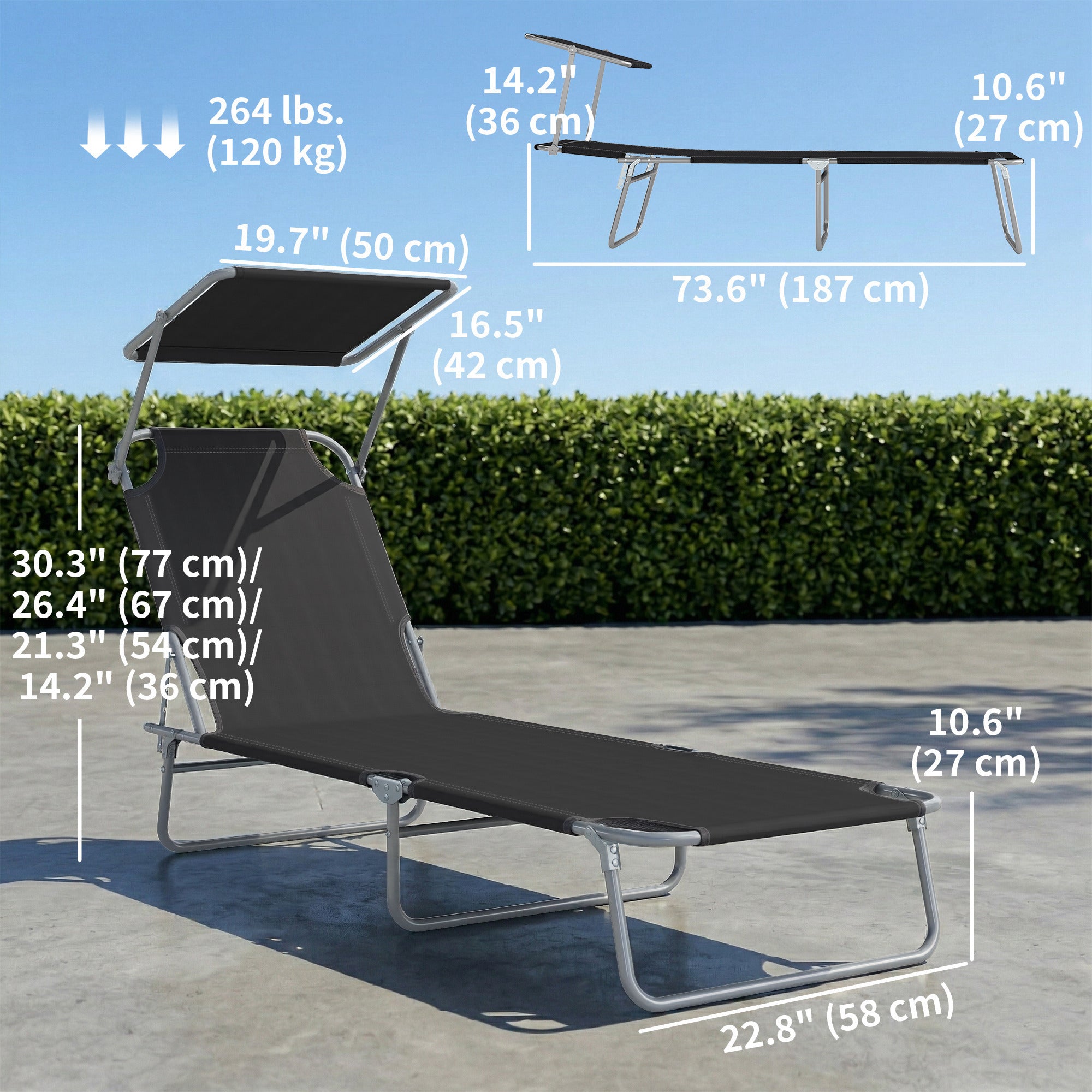 Outdoor Lounge Chair, Adjustable Folding Chaise Lounge, Tanning Chair with Sun Shade for Beach, Camping, Hiking, Backyard, Black