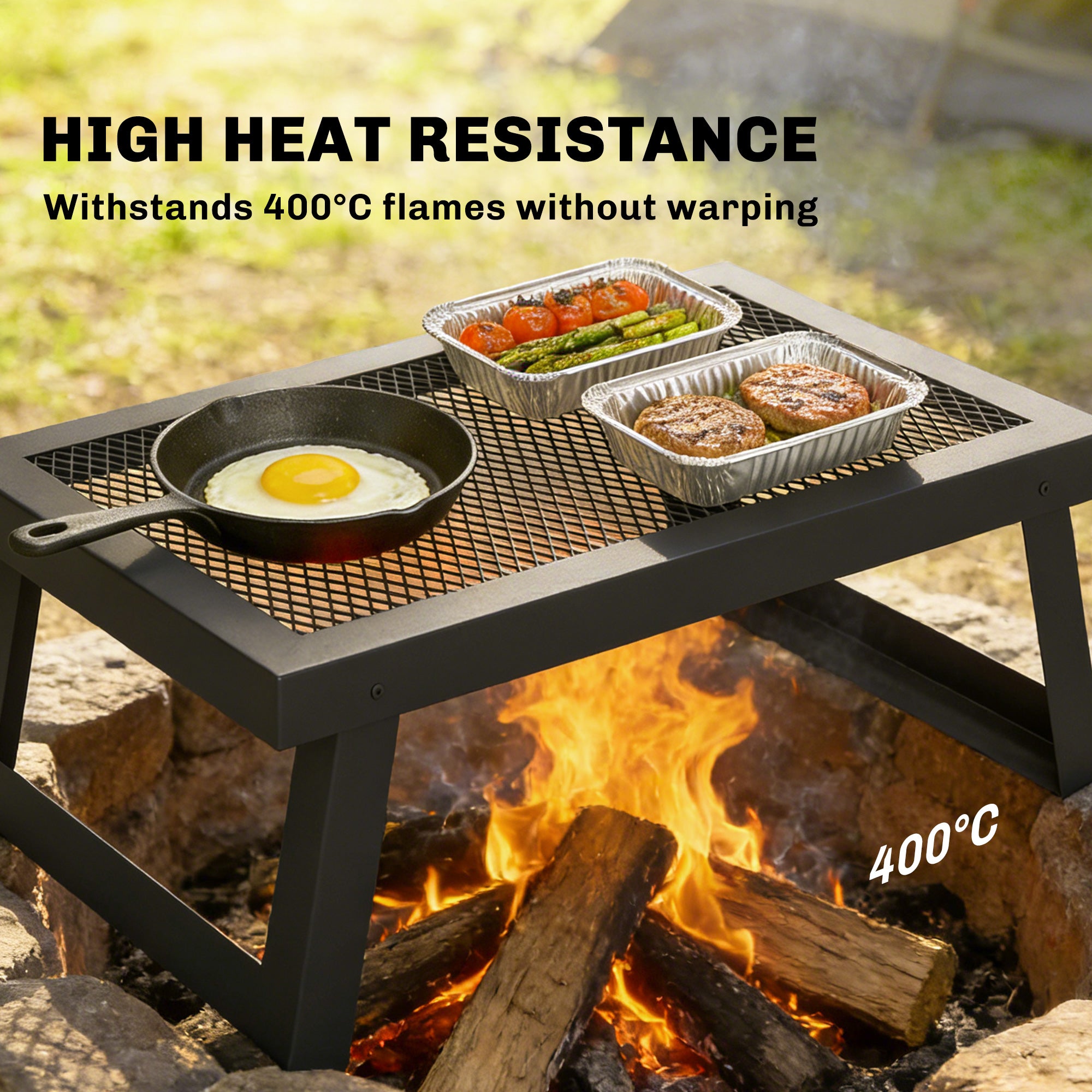 Folding Campfire Grill, 22" x 12" Heavy Duty Carbon Steel Grill Grate with Folding Legs, Black