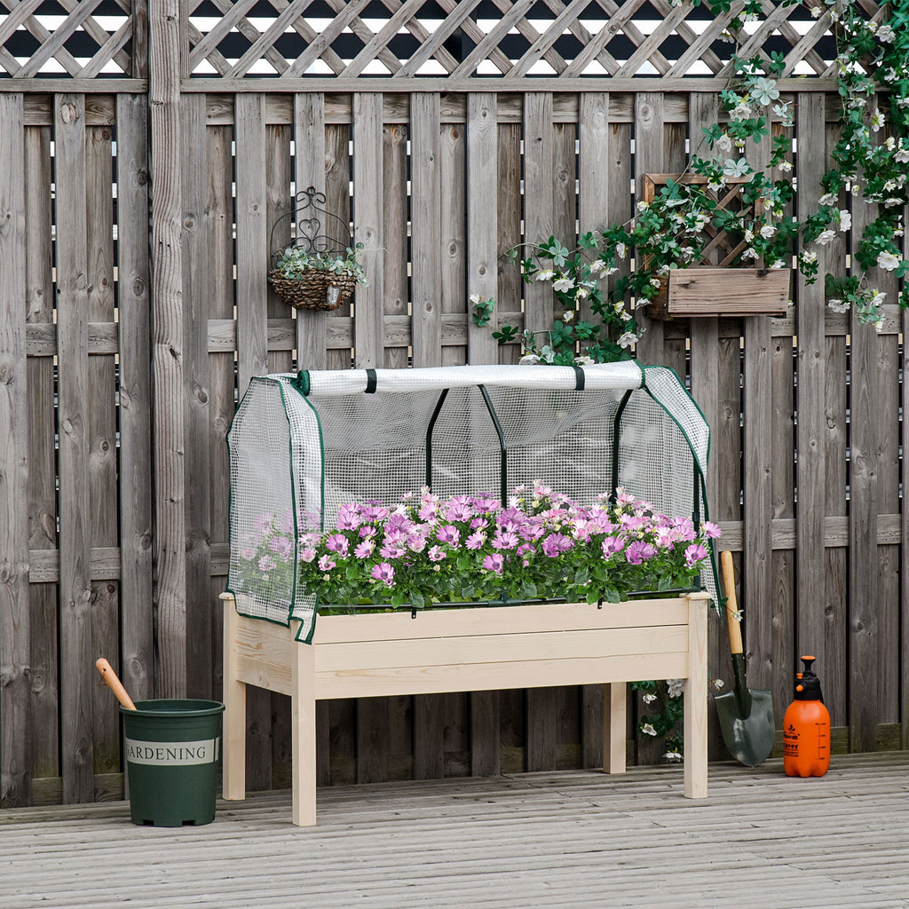 Raised Garden Bed with PE Greenhouse Cover Outdoor Elevated Wood Planter Box for Herbs and Vegetables, Use for Patio, Backyard, Balcony, 48 x 22 x 46 inch, Natural