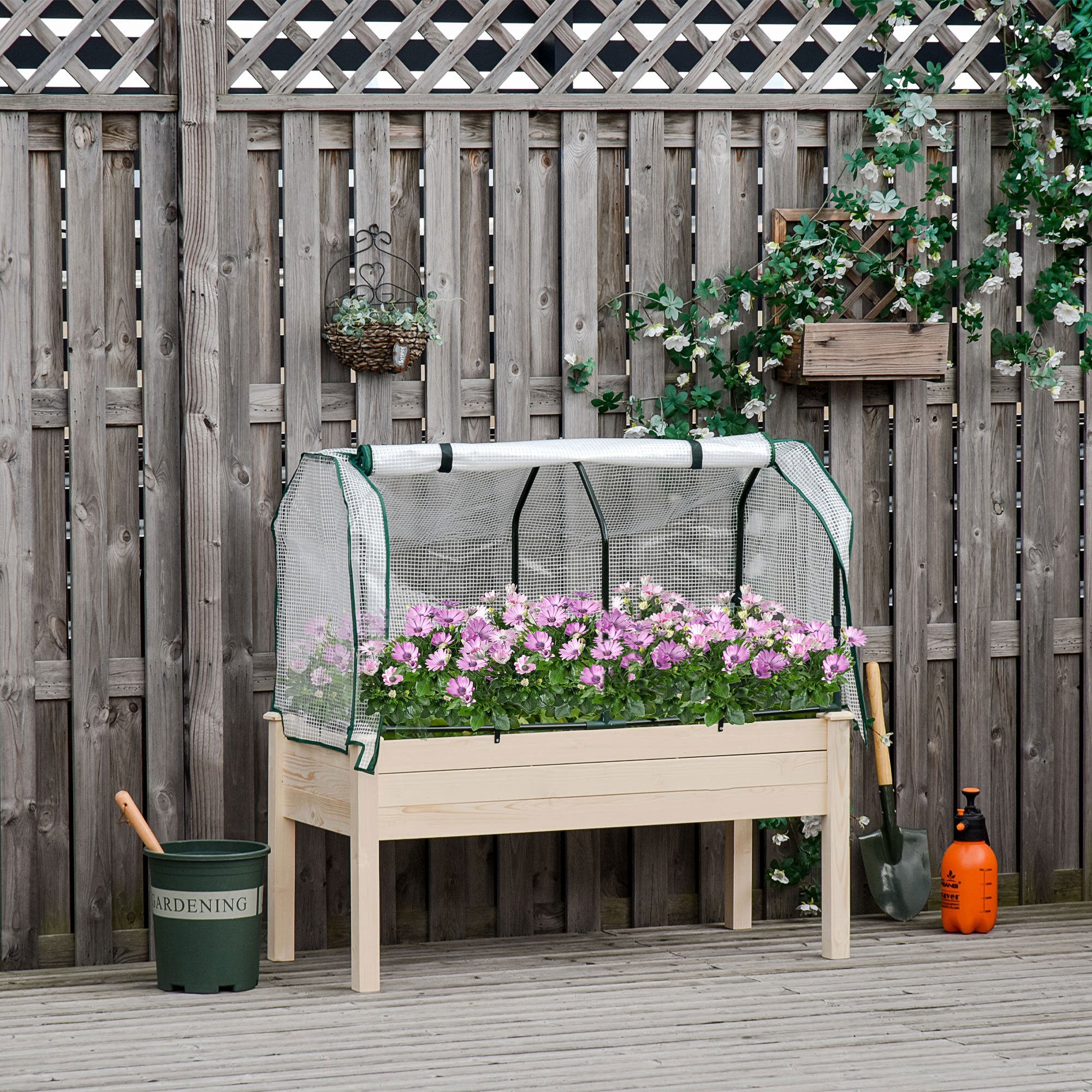 Raised Garden Bed with PE Greenhouse Cover Outdoor Elevated Wood Planter Box for Herbs and Vegetables, Use for Patio, Backyard, Balcony, 48 x 22 x 46 inch, Natural
